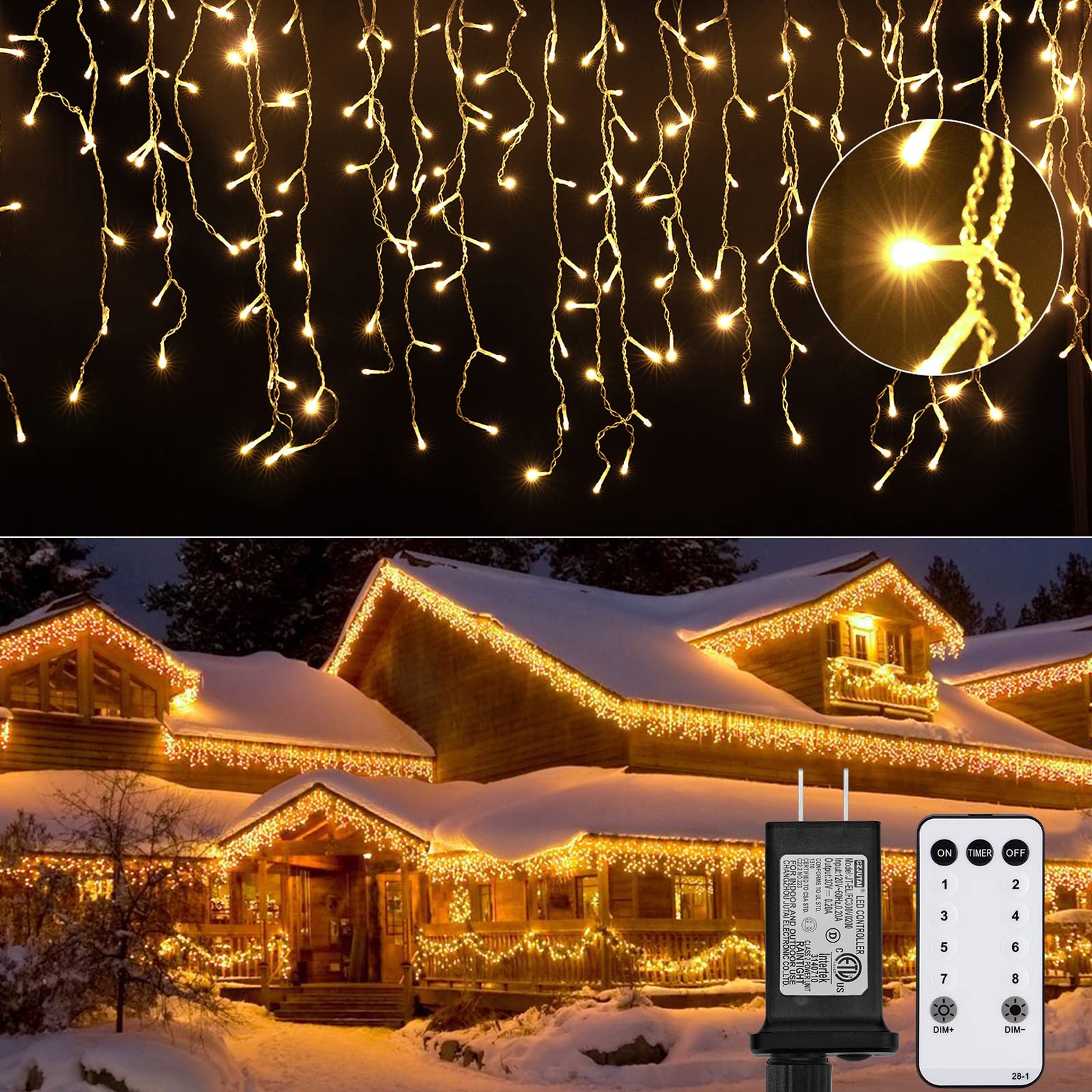 Brightown Icicle Lights Outdoor - 736 LED 66 FT, Warm White, 8 Modes, Waterproof, Remote & Timer, Model JT-EL/FC300V0300-D1