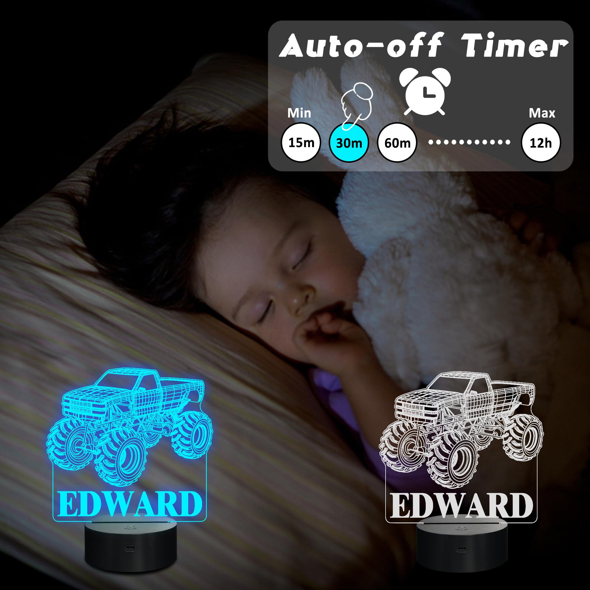 CoolGift Mart Customized Monster Trucks Night Light for Boys, 3D LED Optical Illusion Lamp with Remote Control and Timer, Perfec