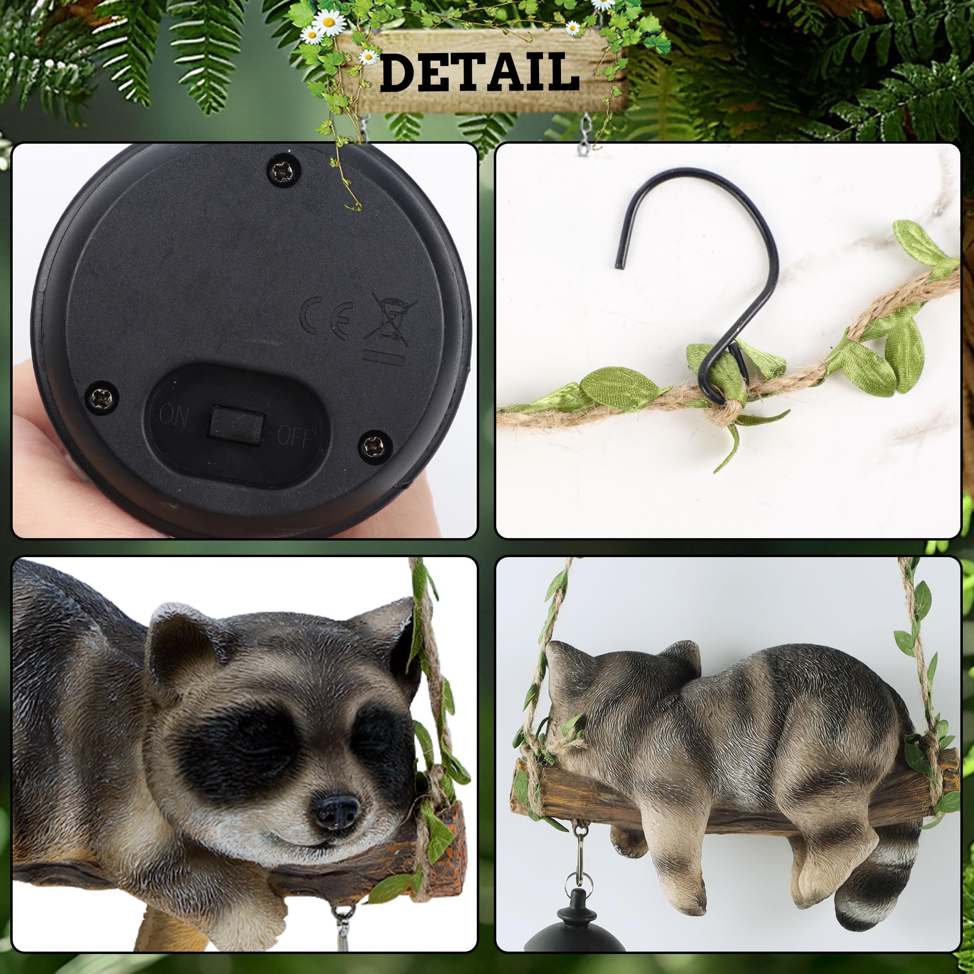 ZaaYee Solar Lighted Garden Statue, 20.1in Hanging Raccoon with LED Lantern, Brown Resin Figurine, Model LIERCN