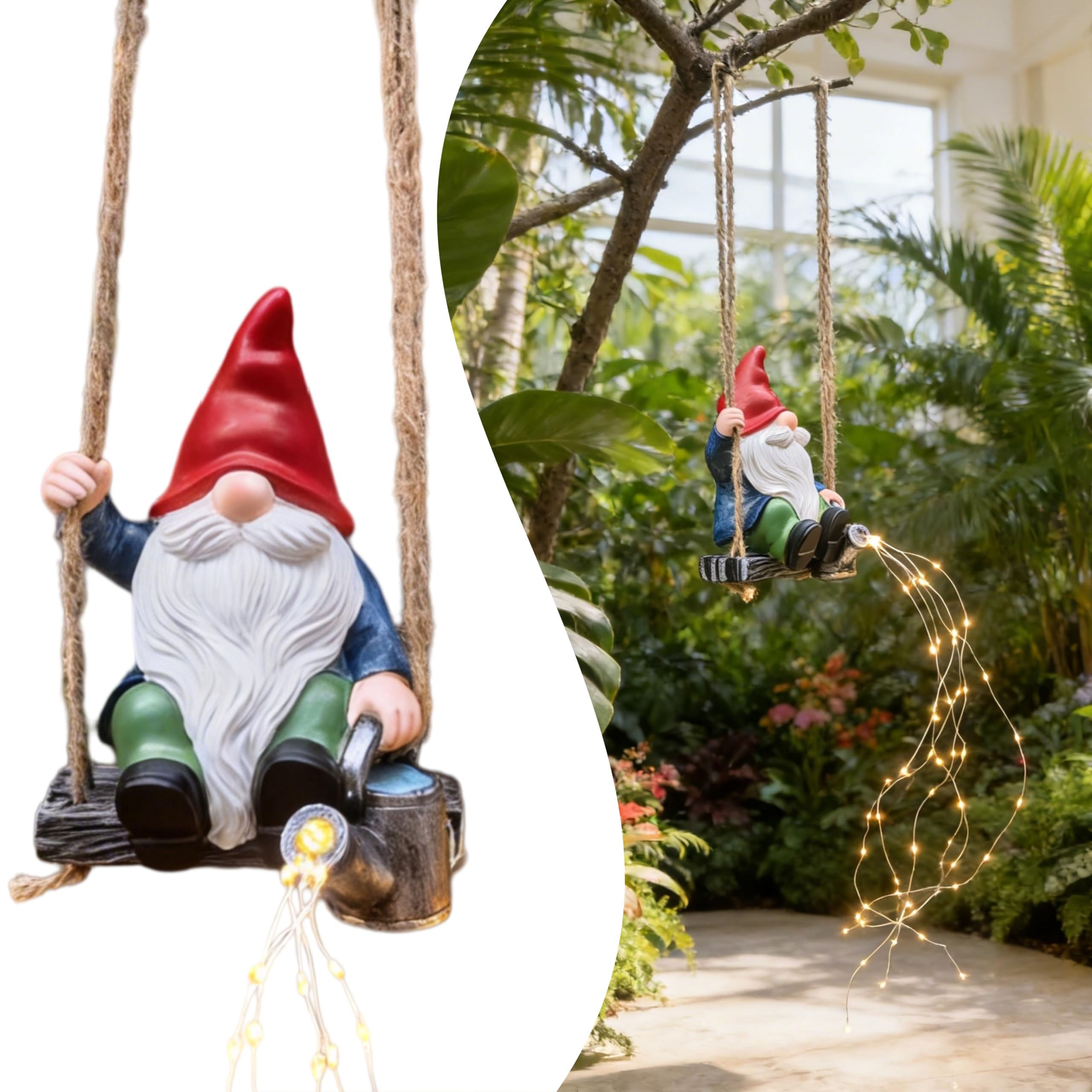QCF Hanging Garden Gnomes Statues Solar Watering Can Fairy Lights, 6.7H Swings Gnome Cascading LED Decor for Yard Balcony Back