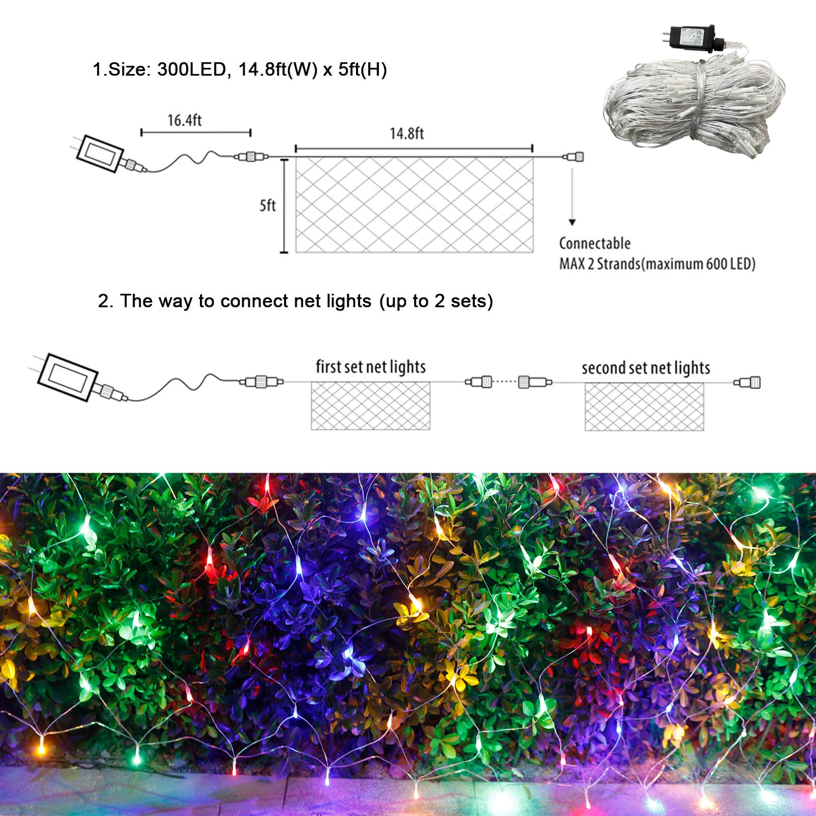 Lov high-standard 300 LED Net Lights - 14.8ft x 5ft, Waterproof, 8 Modes, Multicolor, Connectable Decorative String Lights for Outdoor Use