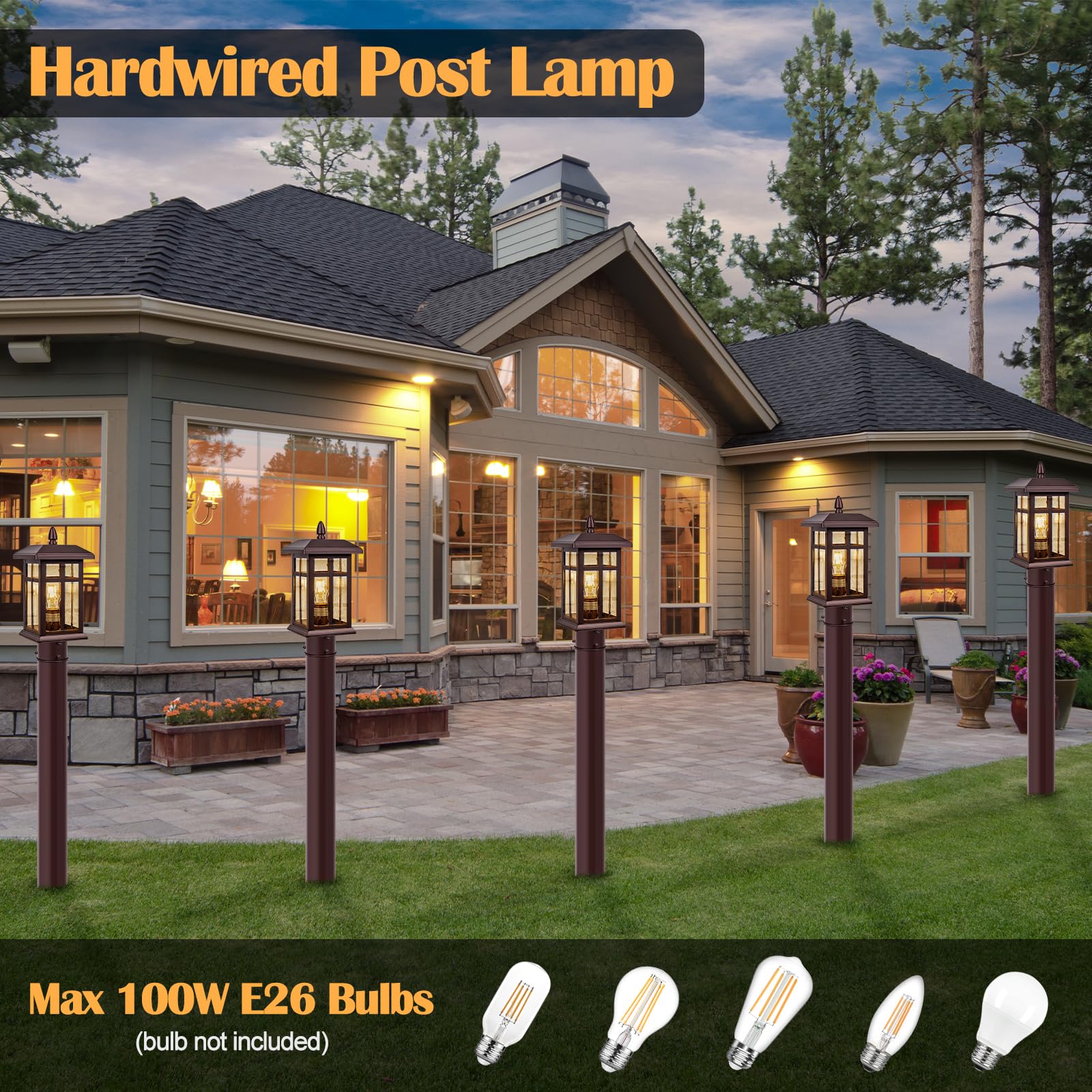 Bronze Post Light 2 Pack, Hardwired Anti-Rust Exterior Post Light Fixture Brown, Waterproof Outside Lamps With Pier Mount, Exter