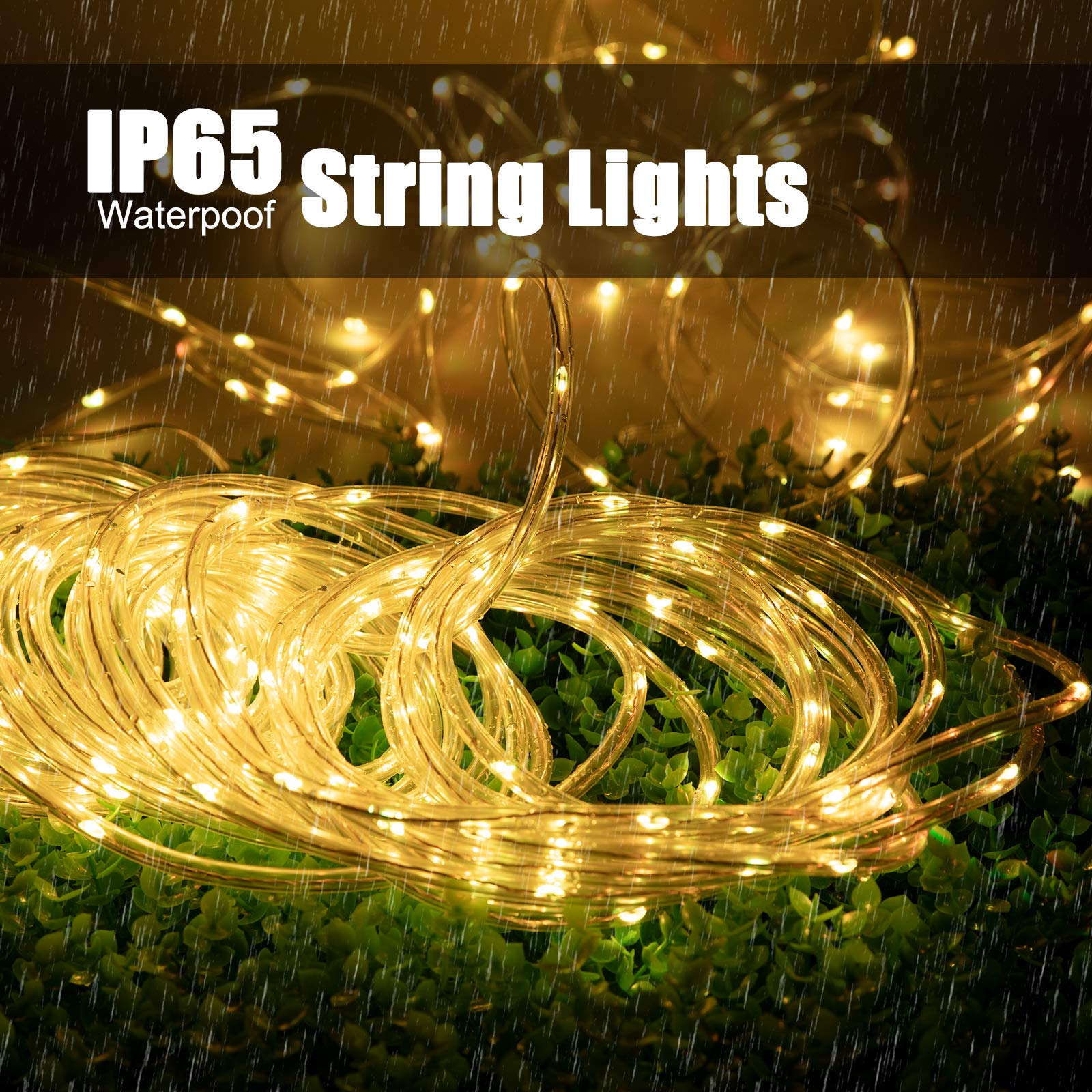 Brightown Solar Rope String Lights 72Ft 200 LED Waterproof Fairy Lights Warm White Copper Wire for Garden Wedding Party Decor