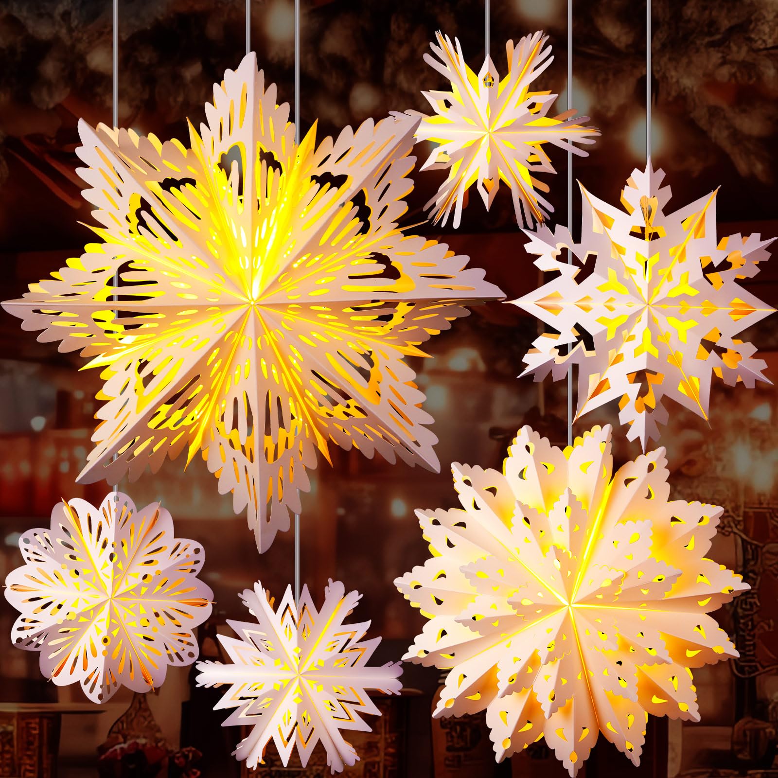Baquler 6 Pcs Winter Paper Snowflake Lanterns with LED Light 19.7 Large 3D Paper Star Lanterns Hanging Snowflake Lamps for Win