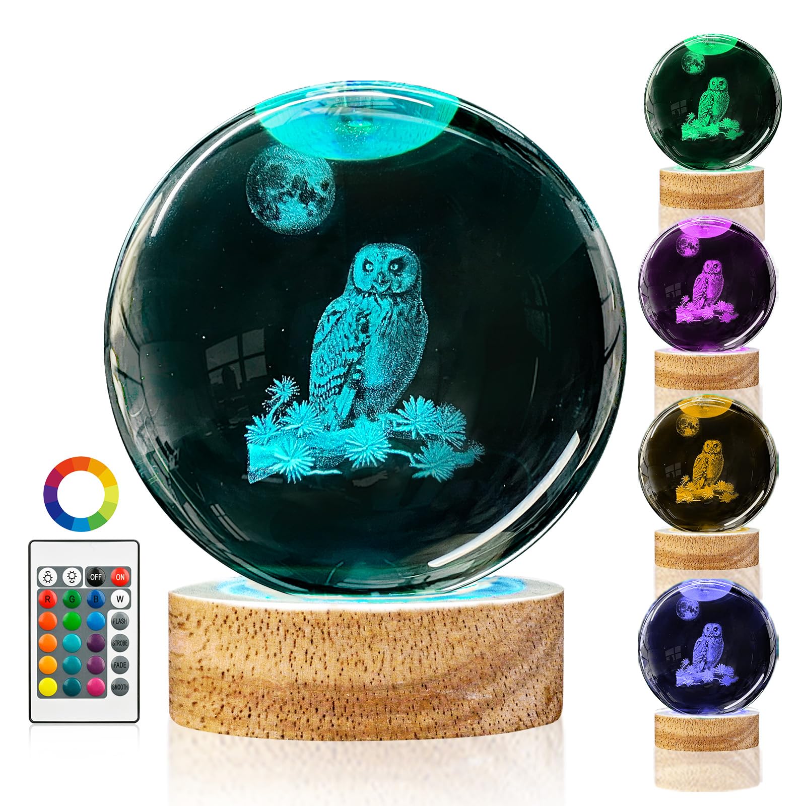 Dcoriuntg 3D Owl Crystal Ball Night Light With Remote Upgraded 3.15 In Owl Figurines Glass Ball Lamp With 16 Color Wooden Led Base Owl Snow Globes Decor Gifts For Kids Teens Women