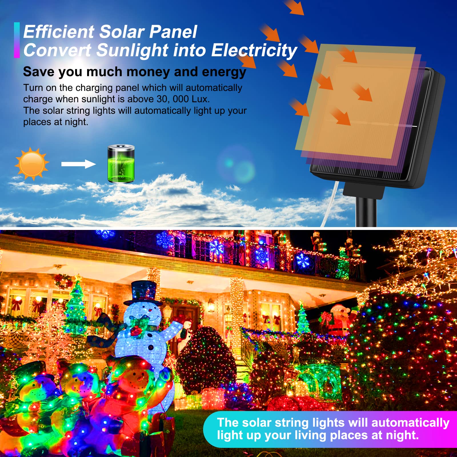 Brightever Solar String Lights 288FT, 200 LED Multicolor Fairy Lights, Waterproof, 8 Modes, Model BX-DC200