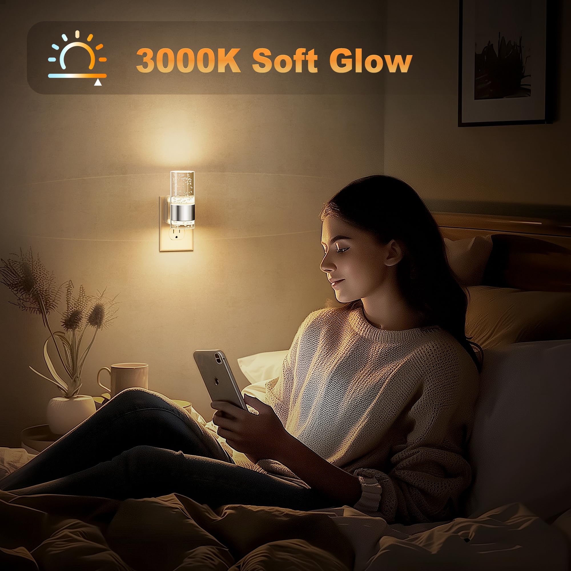 Jandcase Night Light, Night Lights Plug Into Wall,2 Pack 3000K Warm White Led Nightlight With Adjustable Brightness, Automatic N