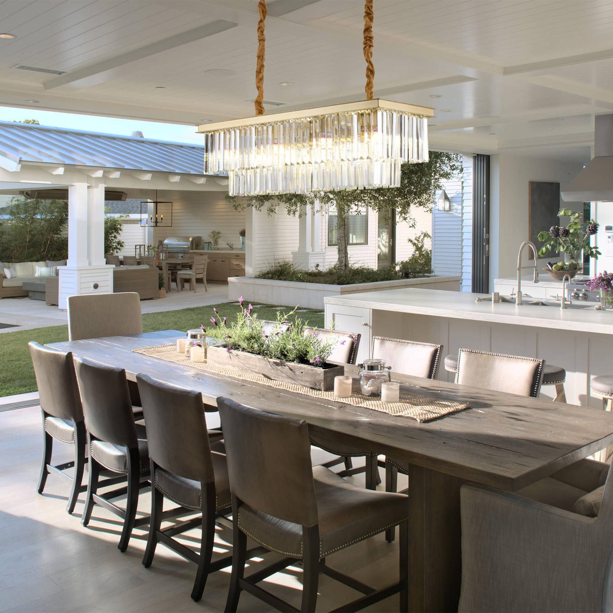 Laiuetai Gold Rectangular Chandelier 31.5 Inch - 8-Light stylish Modern Crystal Pendant Height-Adjustable Lighting Fixture For Dining Room  Kitchen Island & Bar - enhanced K9 Crystals(Gold  L-31.5)