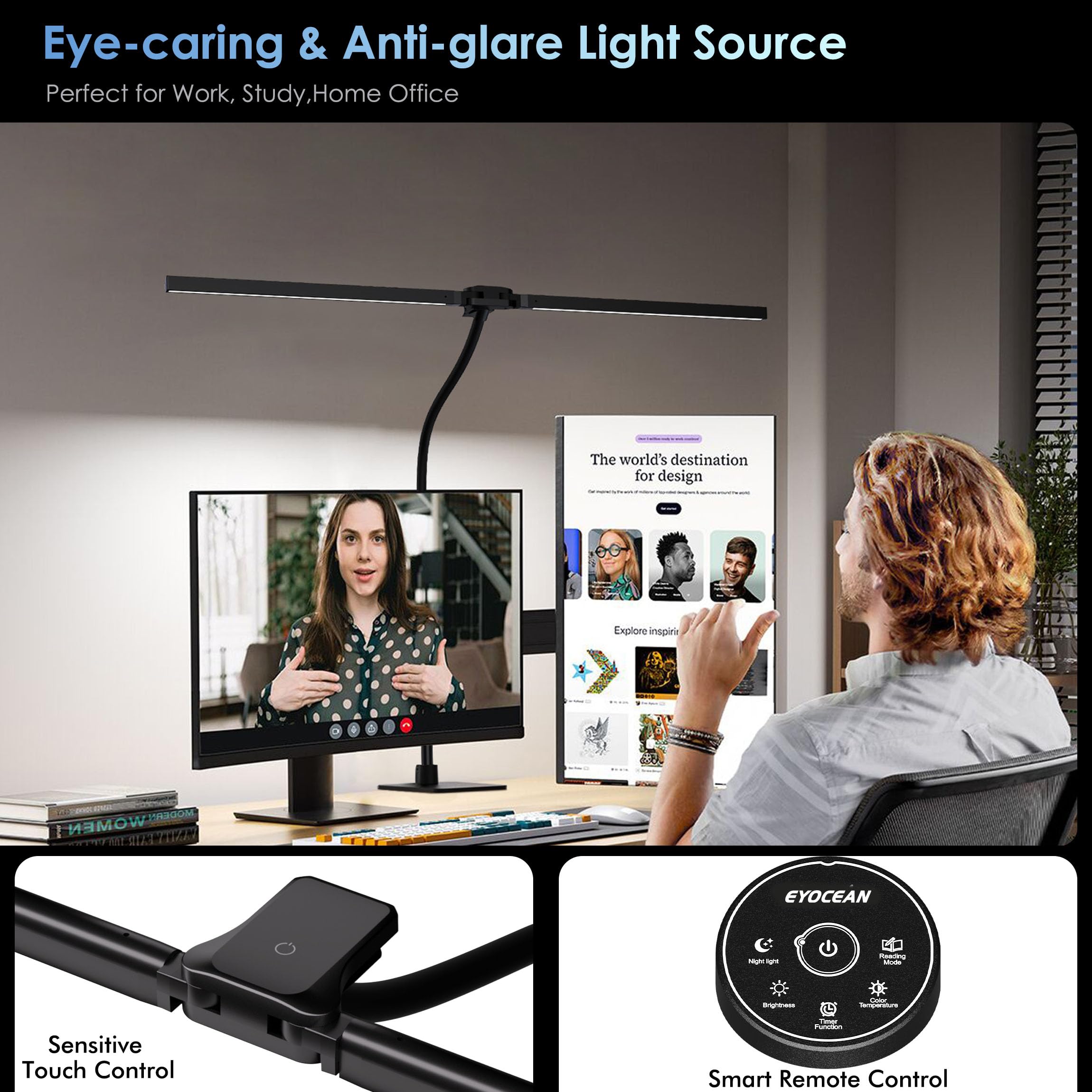 EYOCEAN LED Desk Lamp with Remote Control, 31.5", Dimmable, Mattblack, Model CLED-6601C, Perfect for Home Office & Computer Use