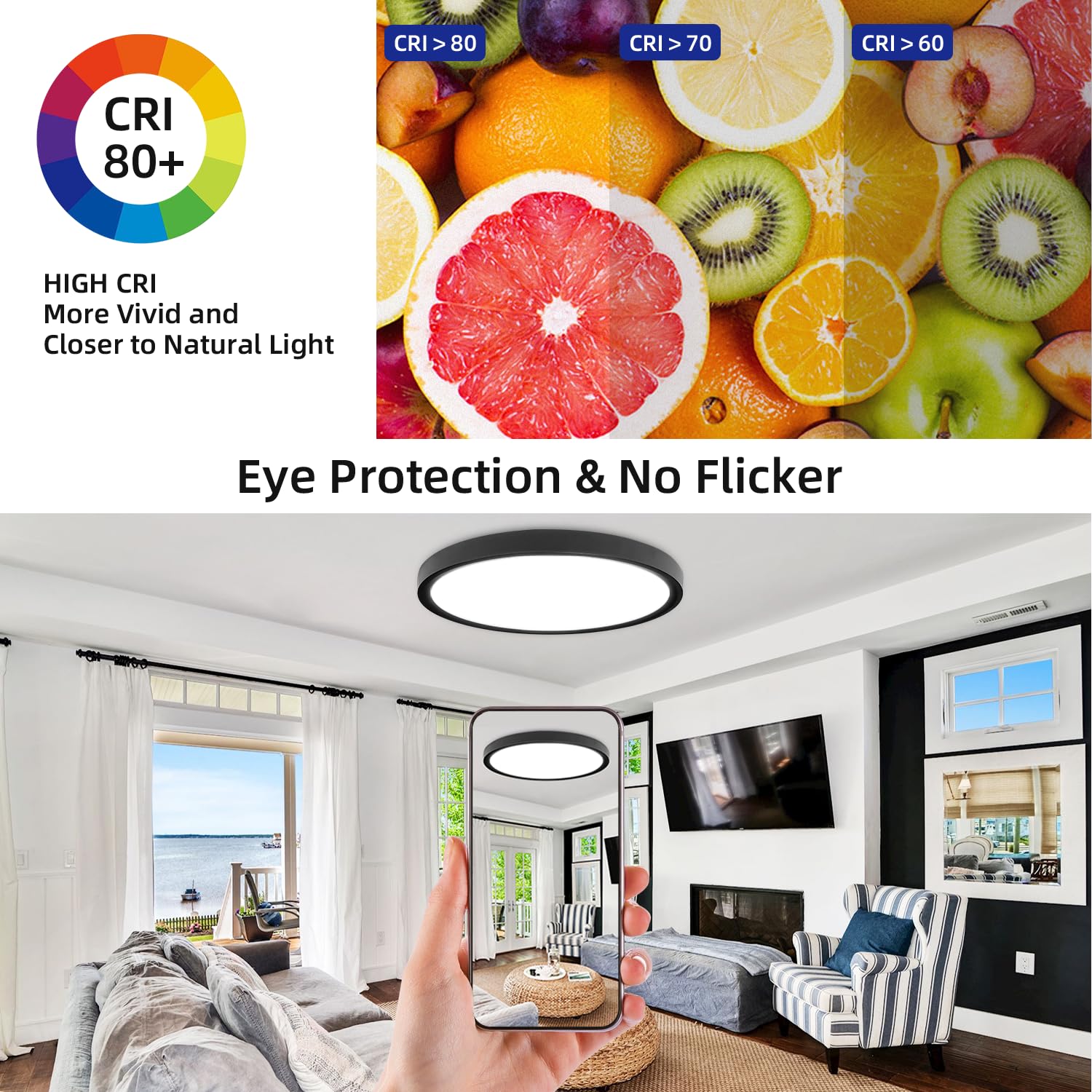 RLEDPZTX Led Flush Mount Ceiling Light 16 Inch 32w 3480lm 3CCT Selectable Black Model LG-SFXDD-16IN-1PK-HS-US