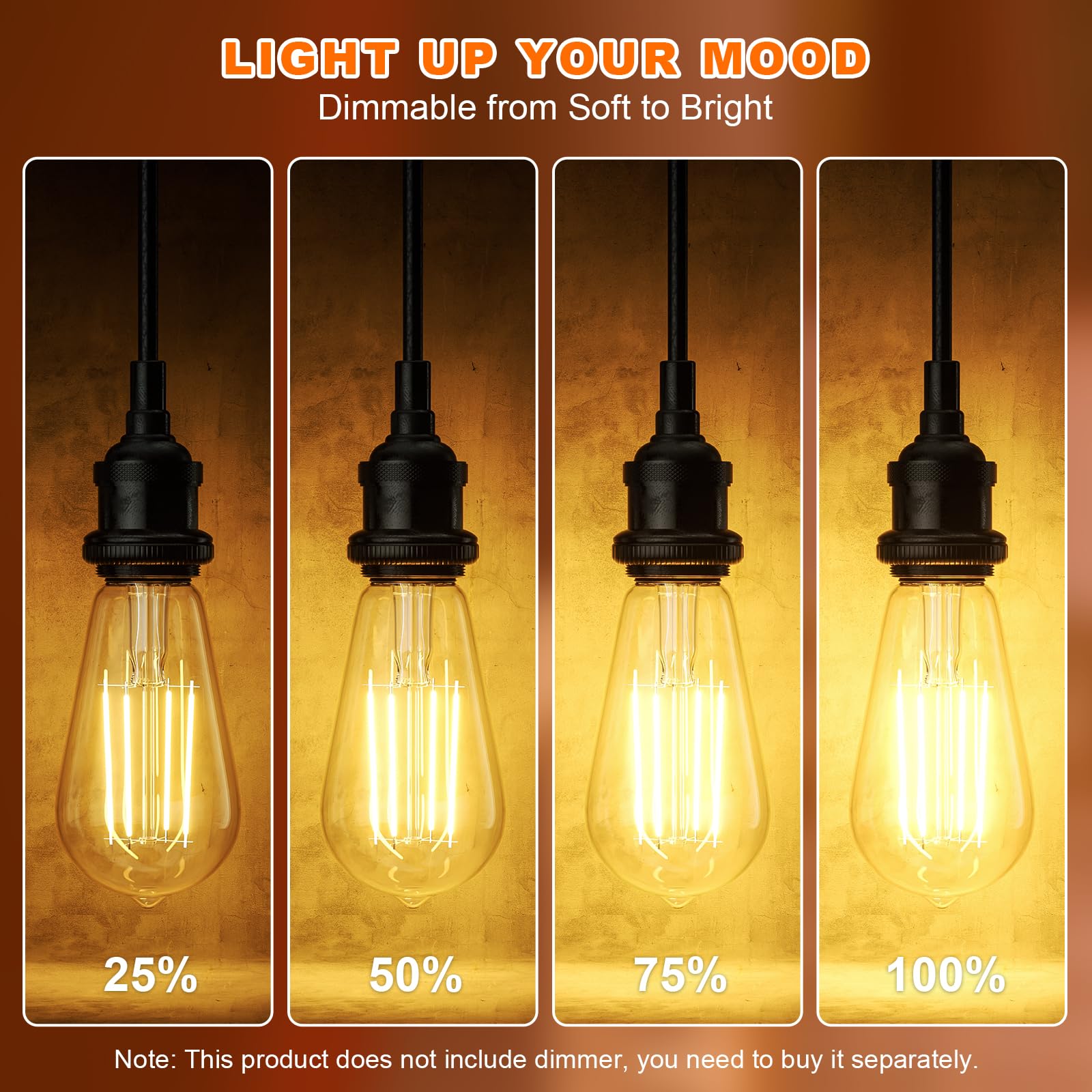 Kawaya E26 LED Edison Bulbs, 6W Equivalent 60W, Dimmable, 12 Pack, 2700K Warm White, ST58, Glass, 800 Lum