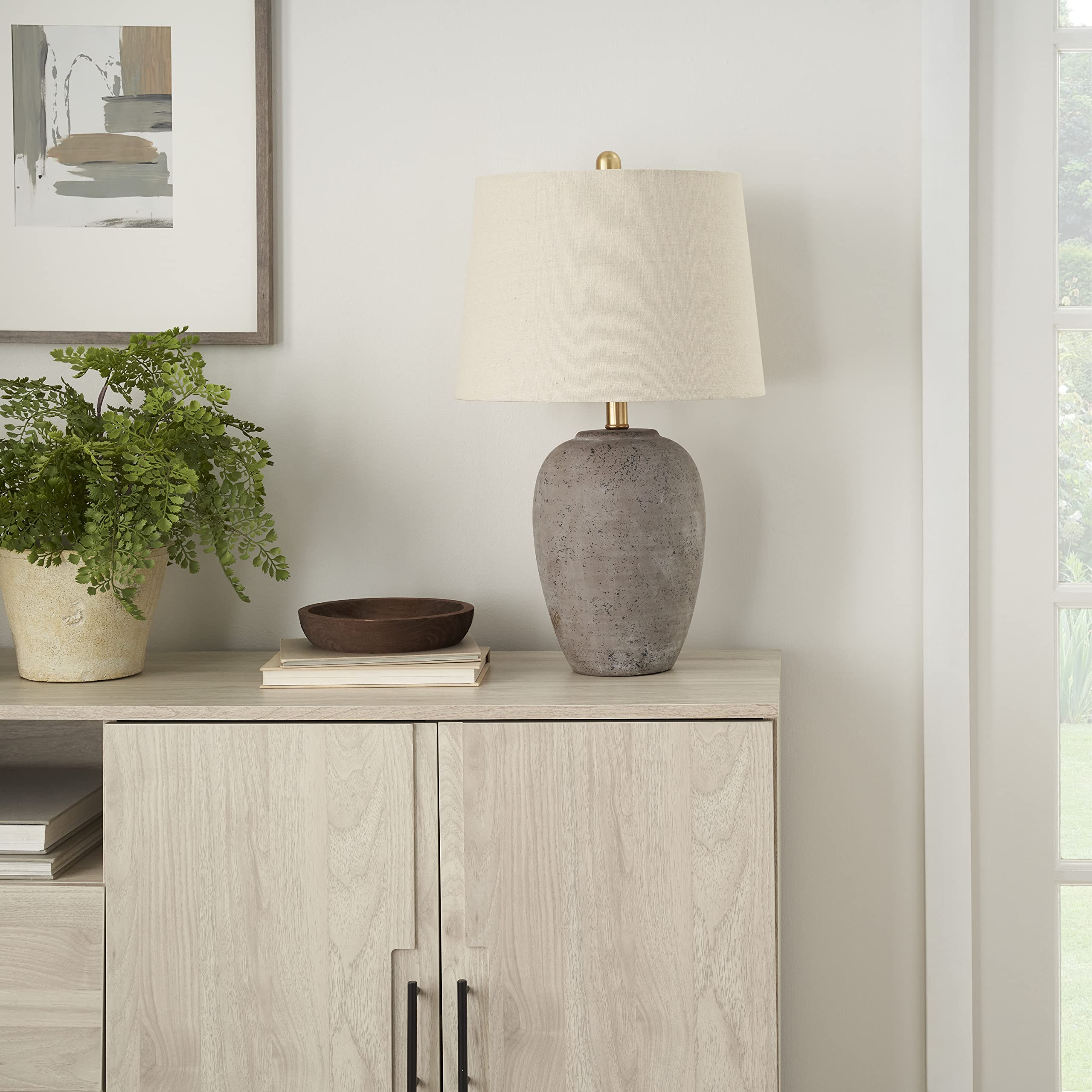 Nourison 23" Rustic Brown (Gray Undertones) Ceramic Pot Table Lamp For Bedroom, Living Room, Dining Office, Beige Shade