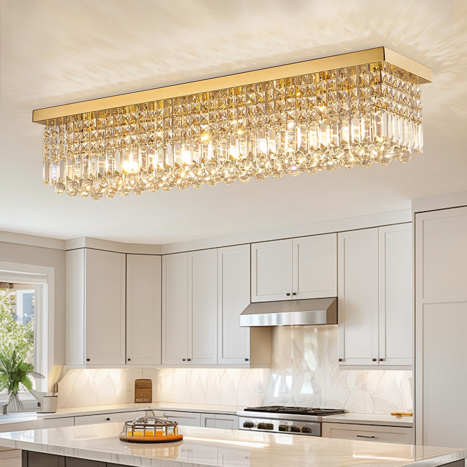 Siljoy 8-Lights Rectangular Flush Mount Ceiling Light, Stainless Steel, L40in , Gold, Modern Crystal Chandelier for Dining Room