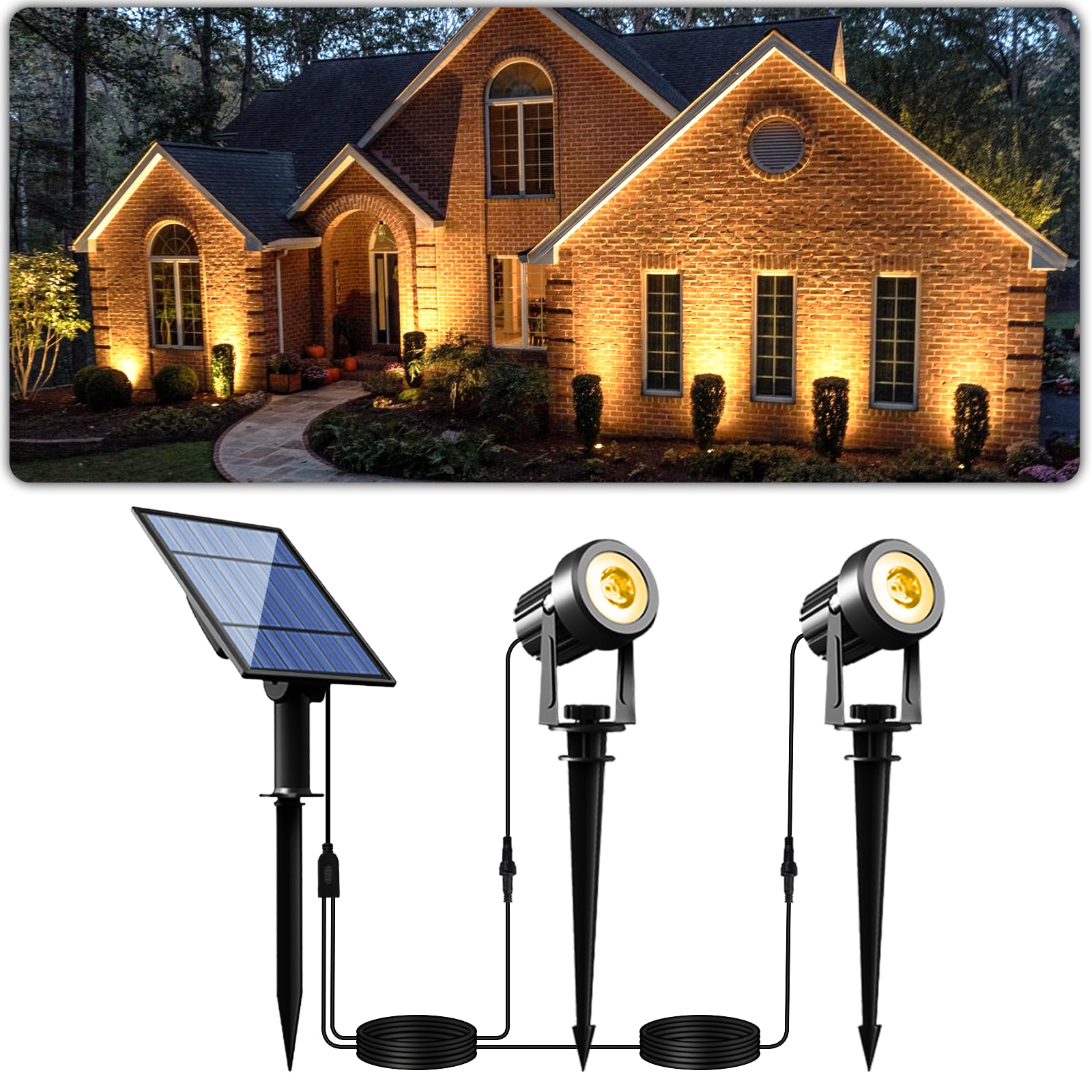 APONUO Solar Spot Lights Outdoor 2-in-1 IP65 Waterproof Warm White Uplights 9.8ft Cable for Yard Garden Decoration PL01