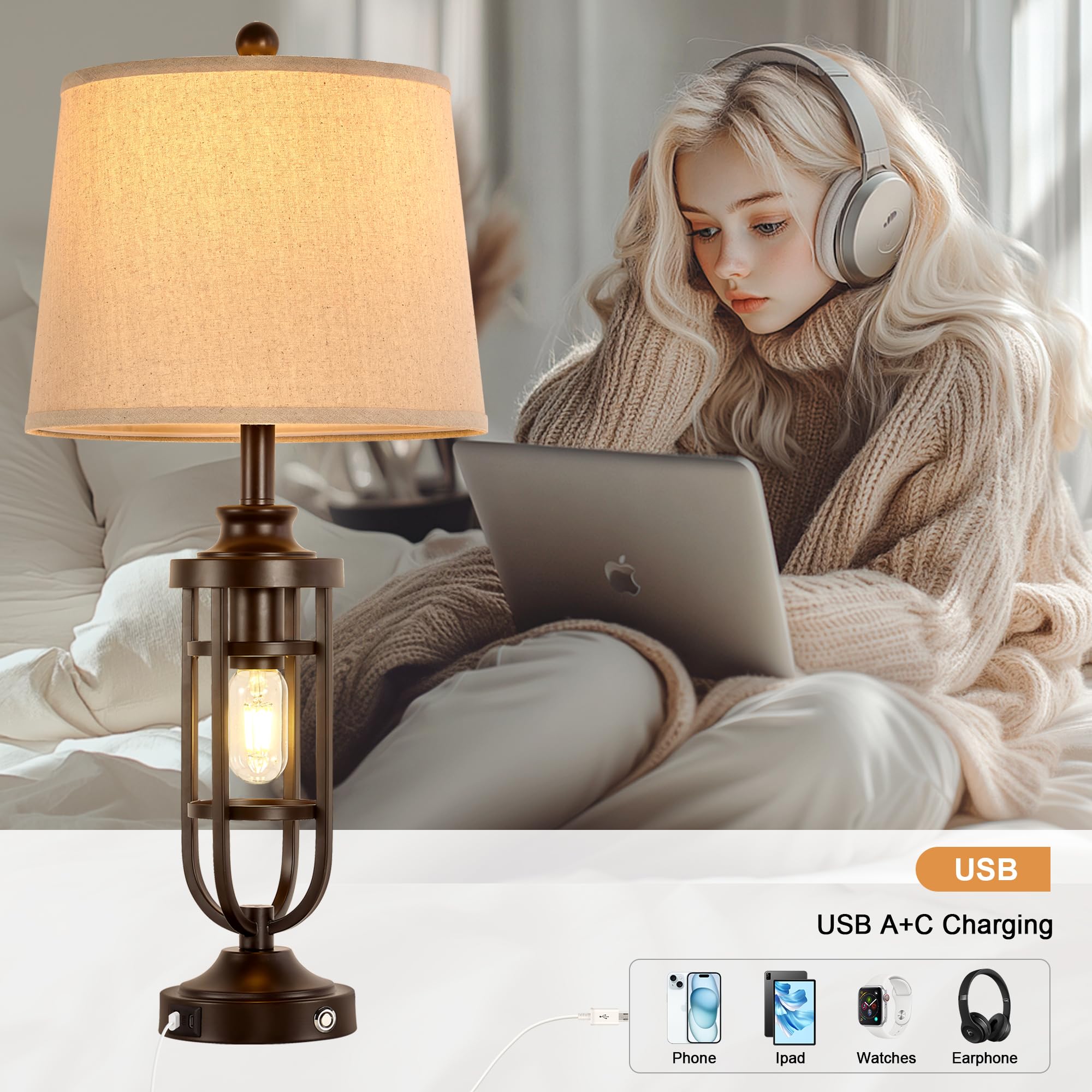 Srjjrs 28.8'' Farmhouse Table Lamps For Living Room Set Of 2, 3-Way Dimmable Touch Lamps With Usb Ports, Rustic Nightstand Lamps