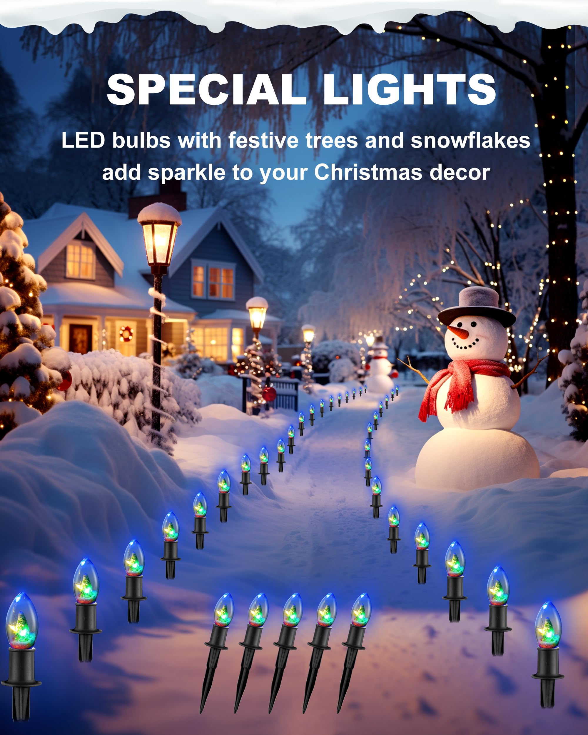 Christmas Pathway String Lights Outdoor- Led 24.5Ft Christmas Path Marker Light With 20 C9 Christmas Tree Light Bulbs Decor, Con