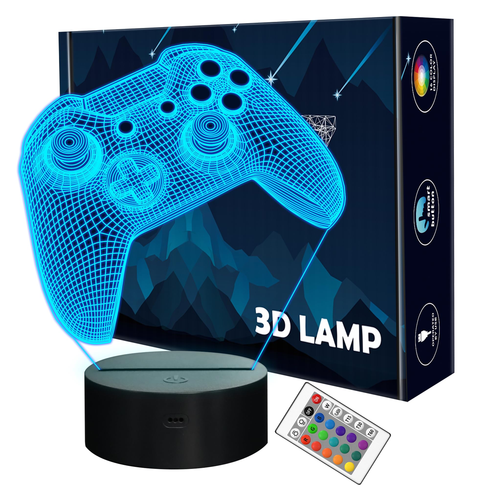 3D Gamepad Night Light, Game Console Illusion lamp with Remote + Touch 16 Color Flashing Changing + Timer Desk Lamps Kids Room D