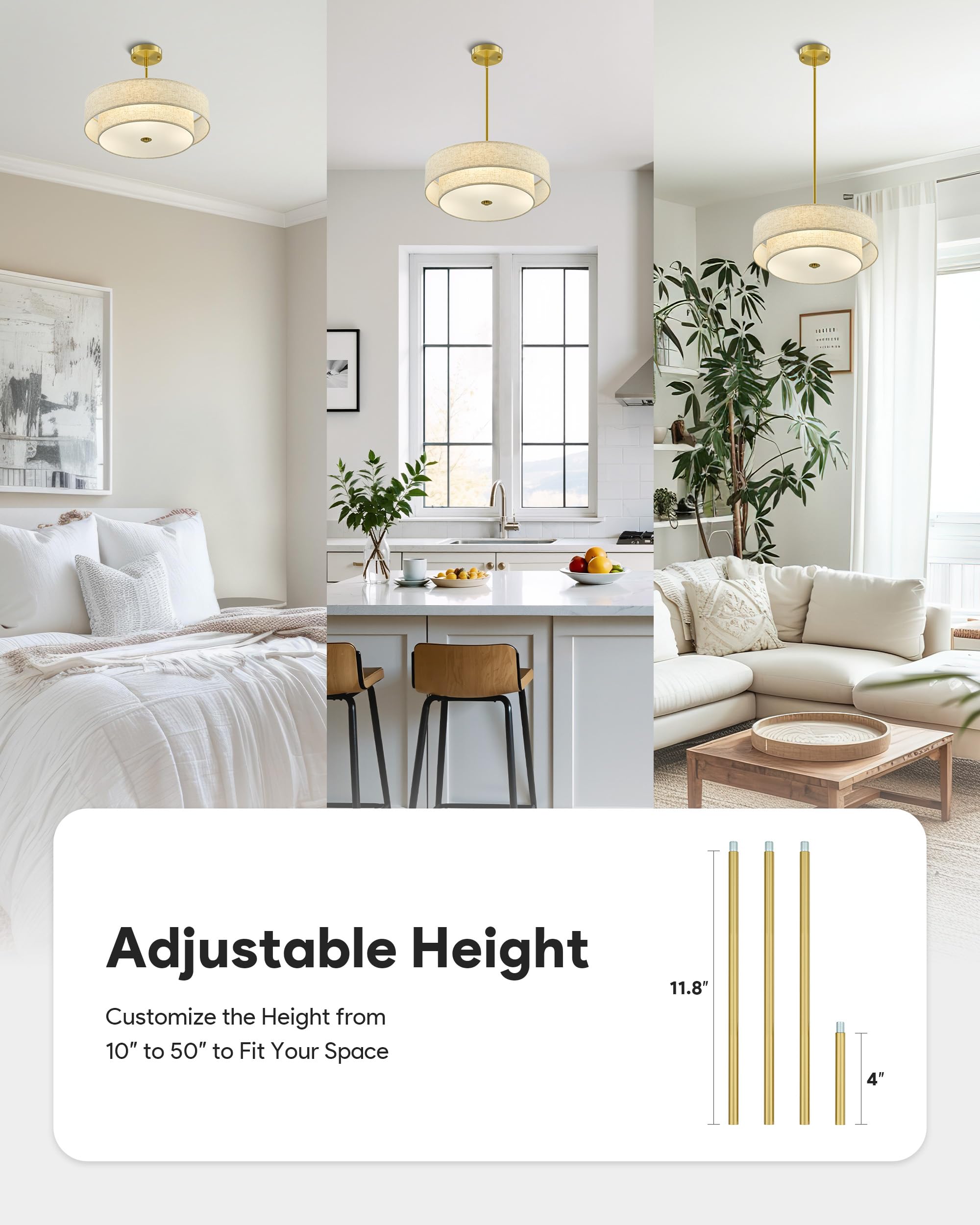 VONLUCE 18" Modern Drum Chandelier, 4-Light Pendant Light Fixture, Gold Fabric Shade, Model HCF1018GD for Dining Room, Bedroom, Living Room