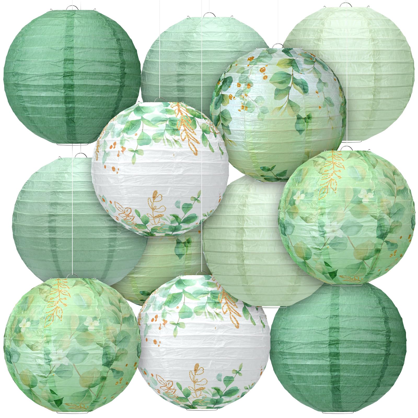 Panelee 12 Pcs Sage Green Eucalyptus Leaf Party Decorations Paper Lanterns 8 Inch Hanging Round Paper Party Decorations for Holi