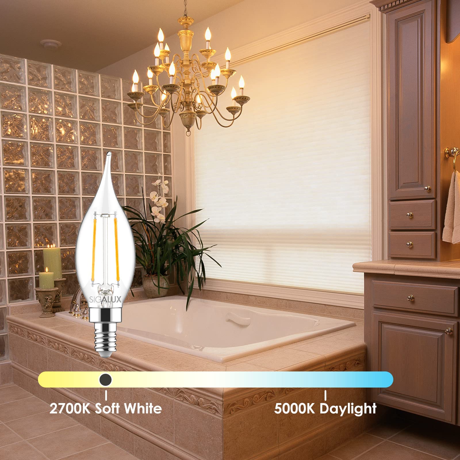 Sigalux E12 Candelabra Bulbs, 40W, Dimmable, CA10 Flame Tip, 2700K Soft White, 48 Pack