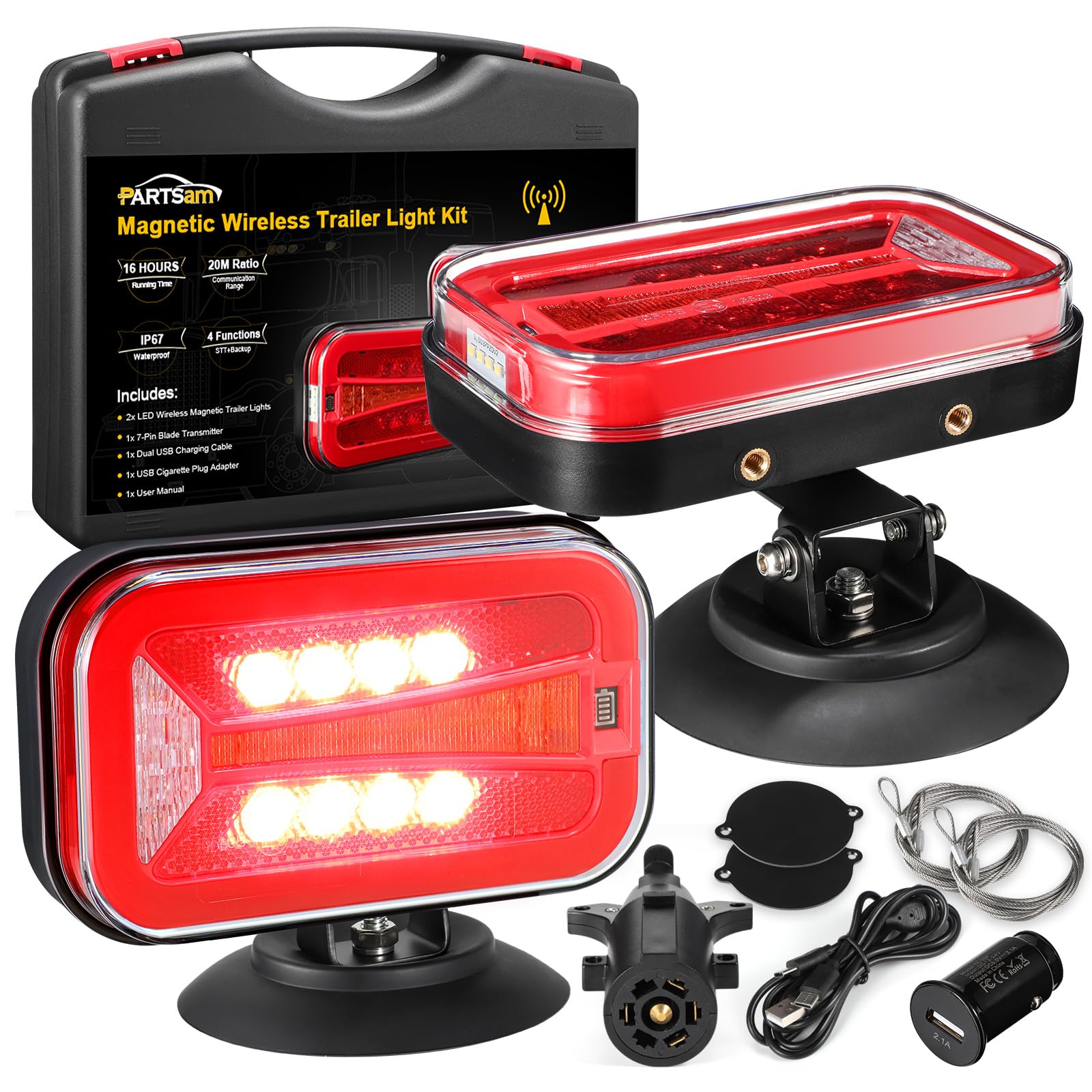Partsam Wireless LED Trailer Light Kit 4000mAh Battery  Portable Magnetic Rectangle Stop Turn Reverse License Towing Tail Lights w/Metal Bracket 7-Pin Plug for Trucks Trailers 12-24V IP67 Waterproof