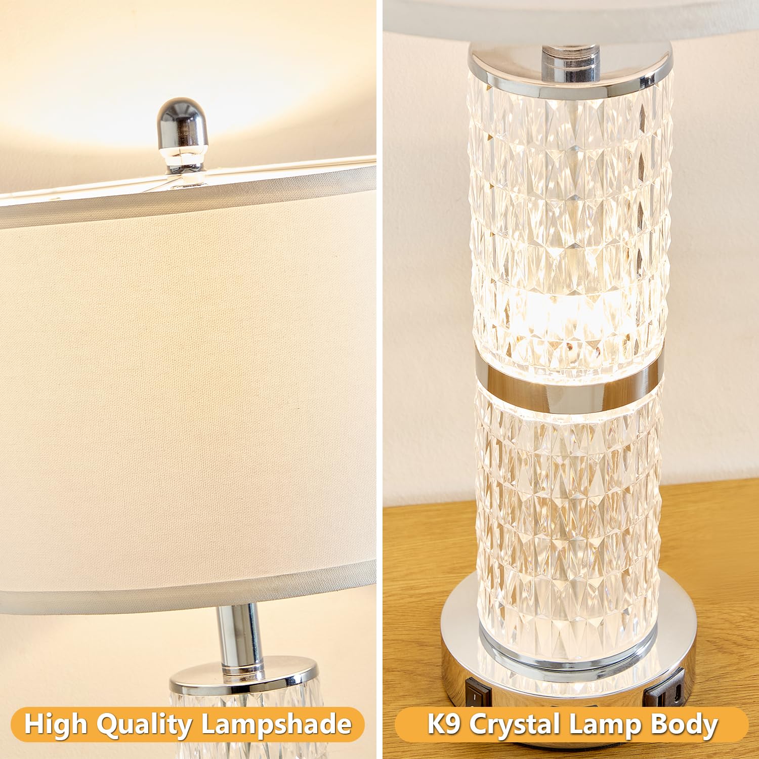 SAIWEYA Crystal Table Lamp, Modern 3-Way Dimmable Touch Lamp with USB Ports, 27" Silver, for Bedroom & Living Room Nightstand