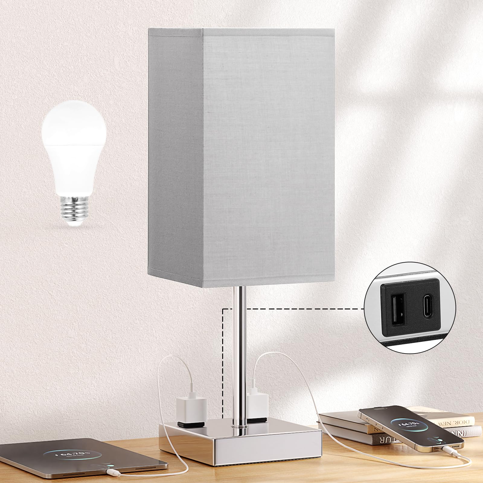 aooshine Touch Bedside Table Lamp - 3-Way Dimmable, USB A & Type C Ports, AC Outlets, 17.4in, Gray & Silver, Model 3