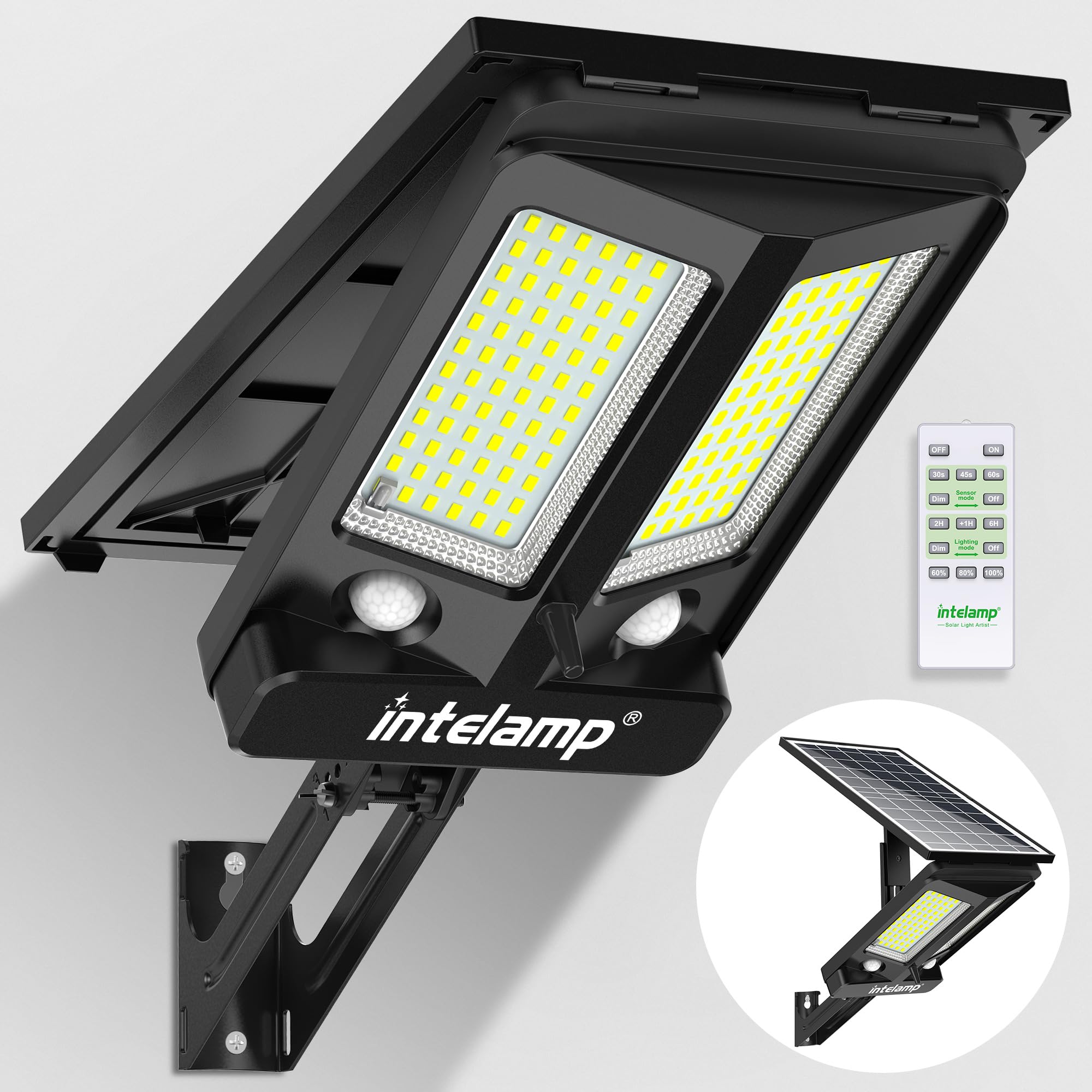 intelamp Solar Street Lights Outdoor Waterproof 3000LM 12500mAh Dual Motion Sensor Dusk to Dawn Security Floodlight Lamp Outside