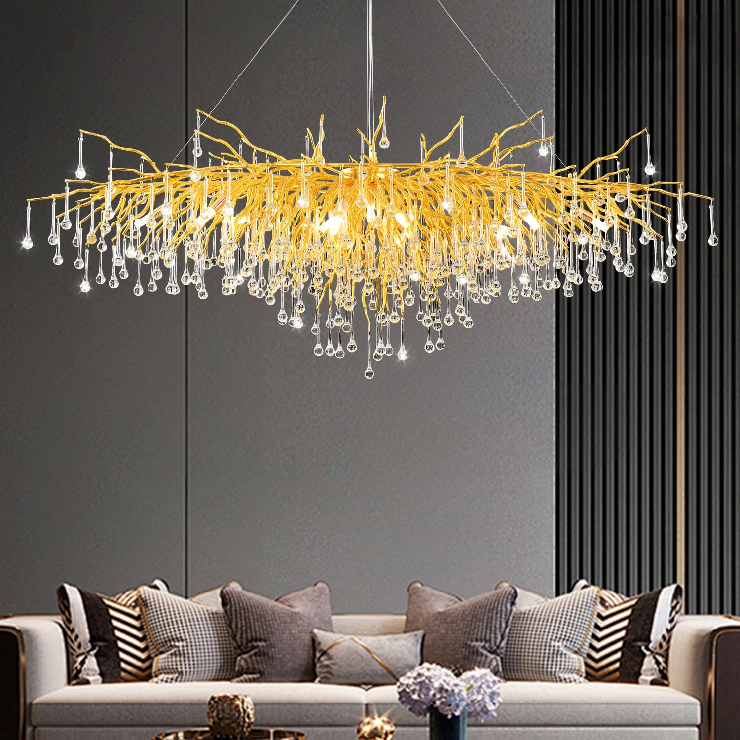 Niuzdu Crystal Chandelier For Dining Room - 63In Modern Farmhouse Crystal Gold Chandelier, Raindrop Tree Branch Chandeliers For 