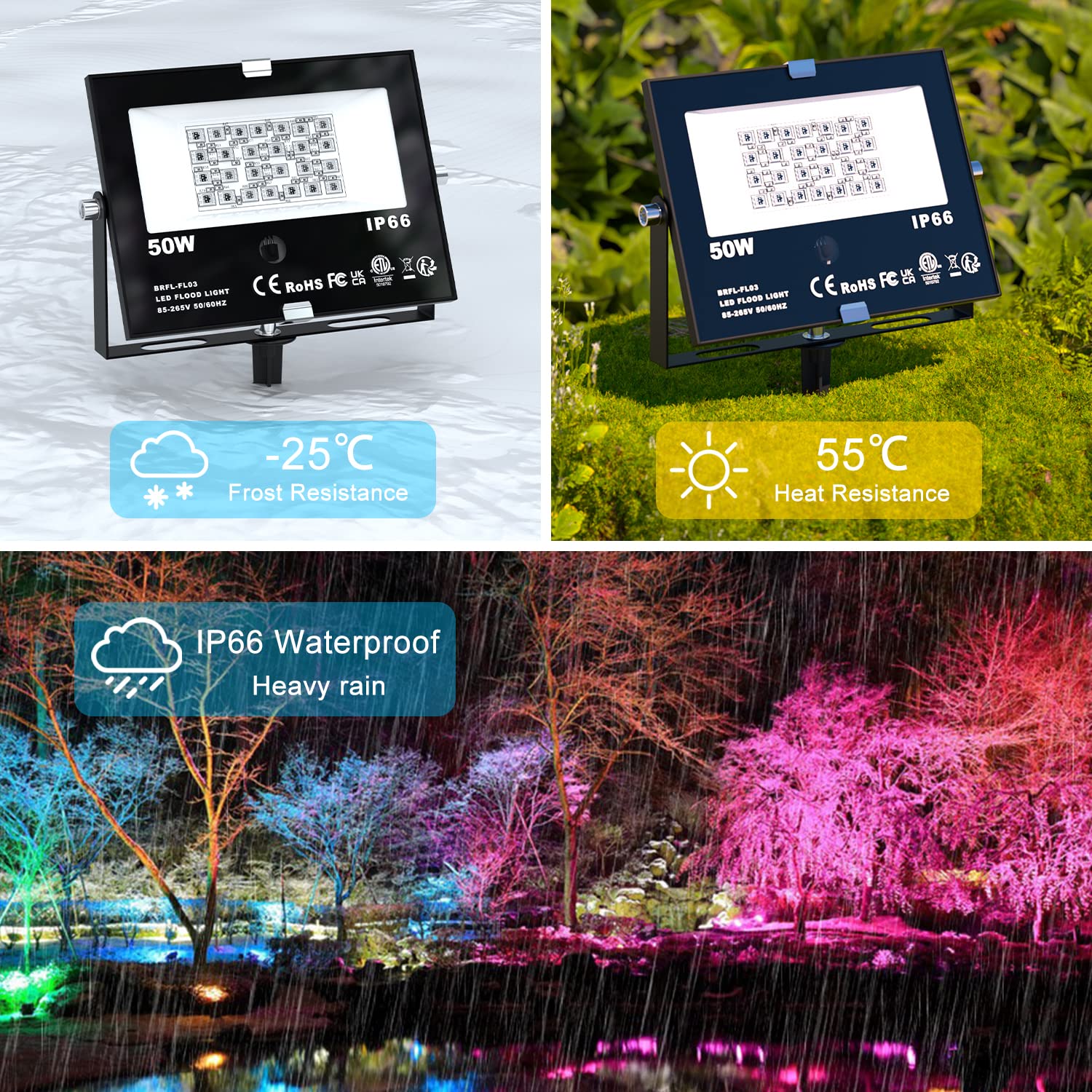 ChangM RGB Outdoor LED Flood Light 50W - Waterproof Color Changing Spotlights, 4 Pack with Ground Stakes, IP66 for Garden and Landscape