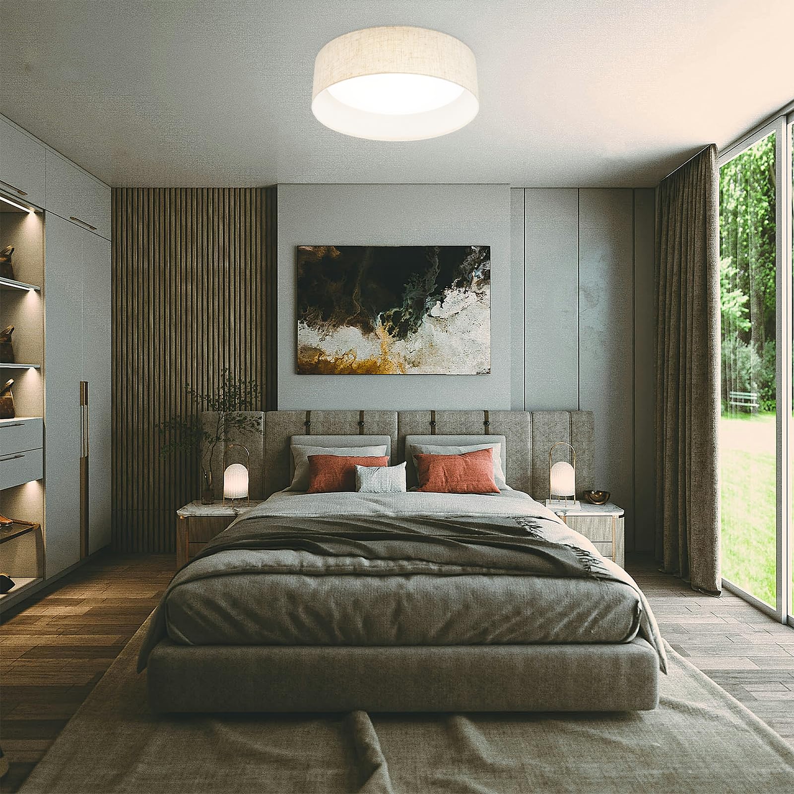 Hamilyeah 16 Inch Led Flush Mount Ceiling Light, 24W Kitchen Lighting Fixture Ceiling Mount With Fabric Shade, Dimmable Drum Cei