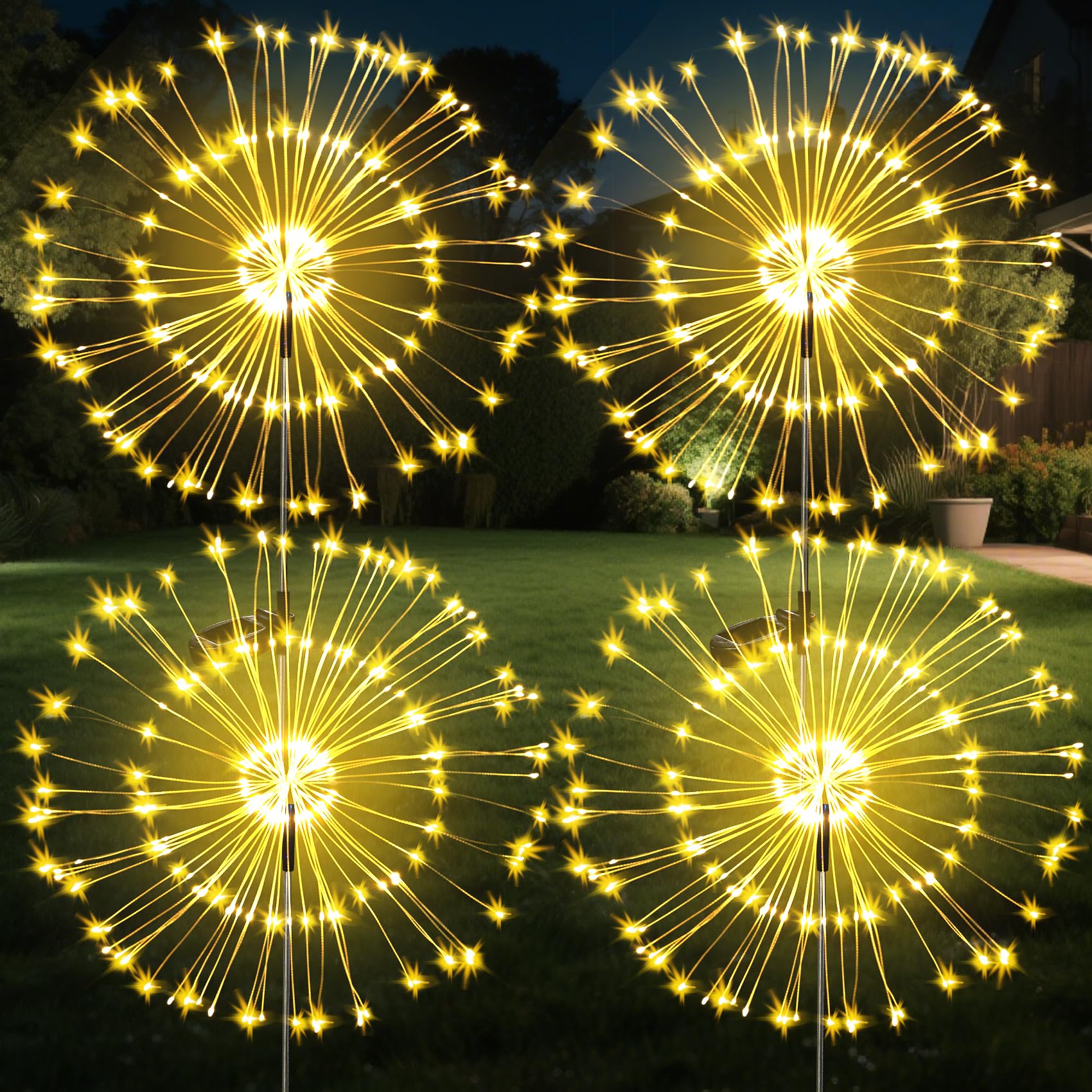 Jjgoo Solar Firework Lights  4 Pack 120 Leds 2 Lighting Modes Solar Garden Lights Outdoor Waterproof For Yard Patio Walkway Pathway Party Wedding Christmas Decorative - Warm White