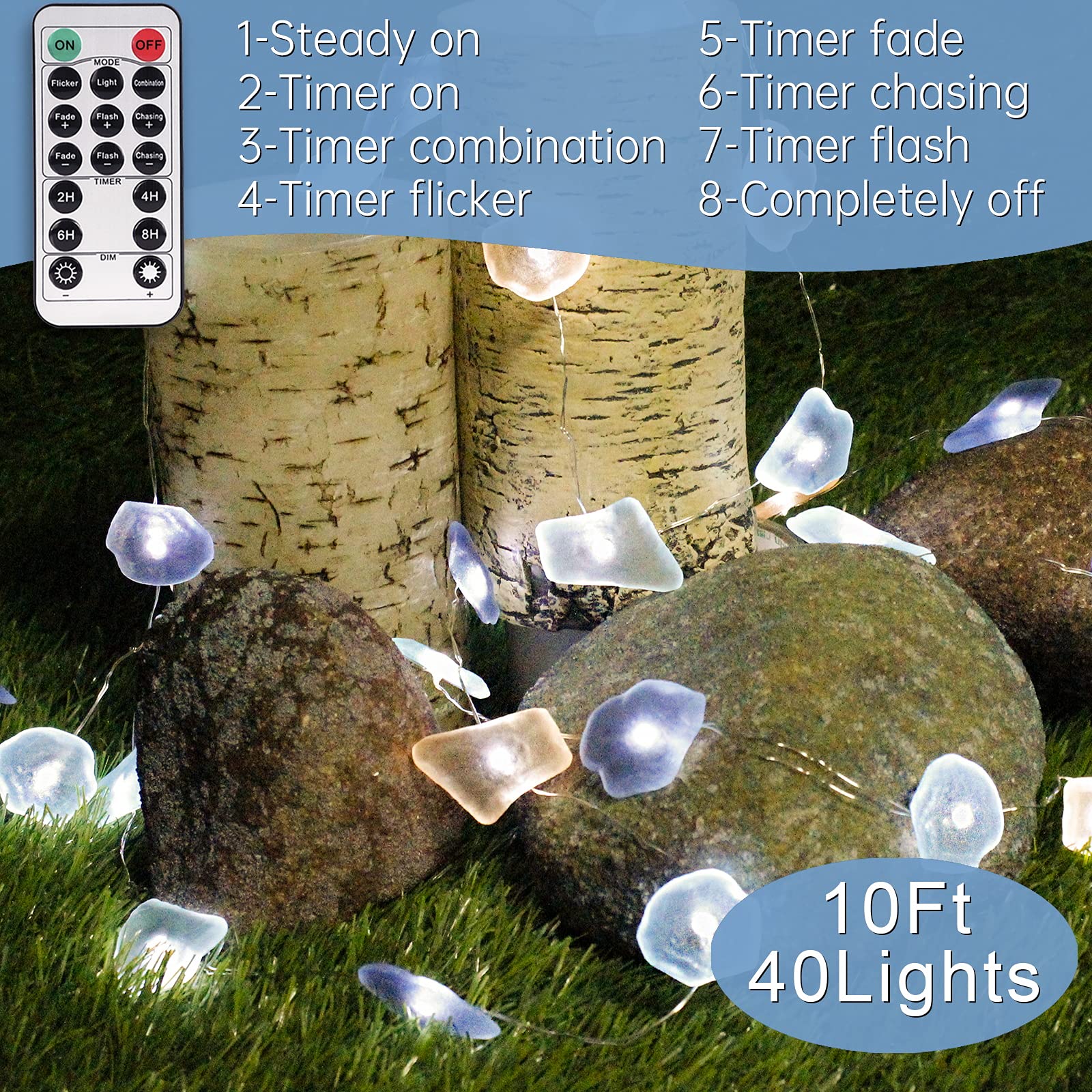 Impress Life Ocean Decor String Lights, Sea Glass Festive Beach Themed 10 Ft 40 Leds Battery&Usb Cord Operated Eco-Friendly With Multi-Function Remote For Tent Wedding Nursery Bedroom Party Ornament