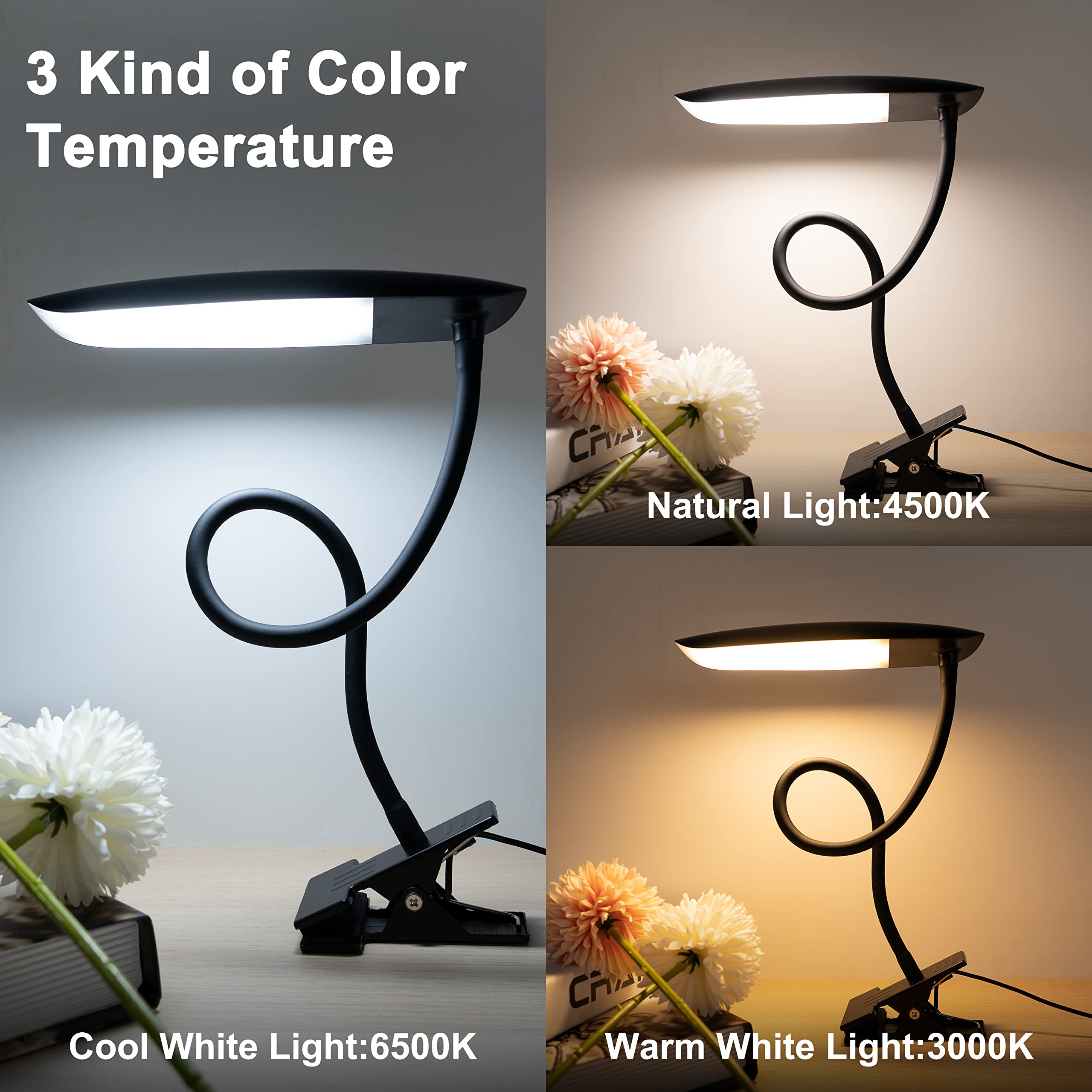 LiFMIRA Clip-On Lamp, USB Reading Light, 3 Color Modes, 10 Brightness Levels, 8W, Flexible Gooseneck, Matt Black, Eye-Caring Bed Light