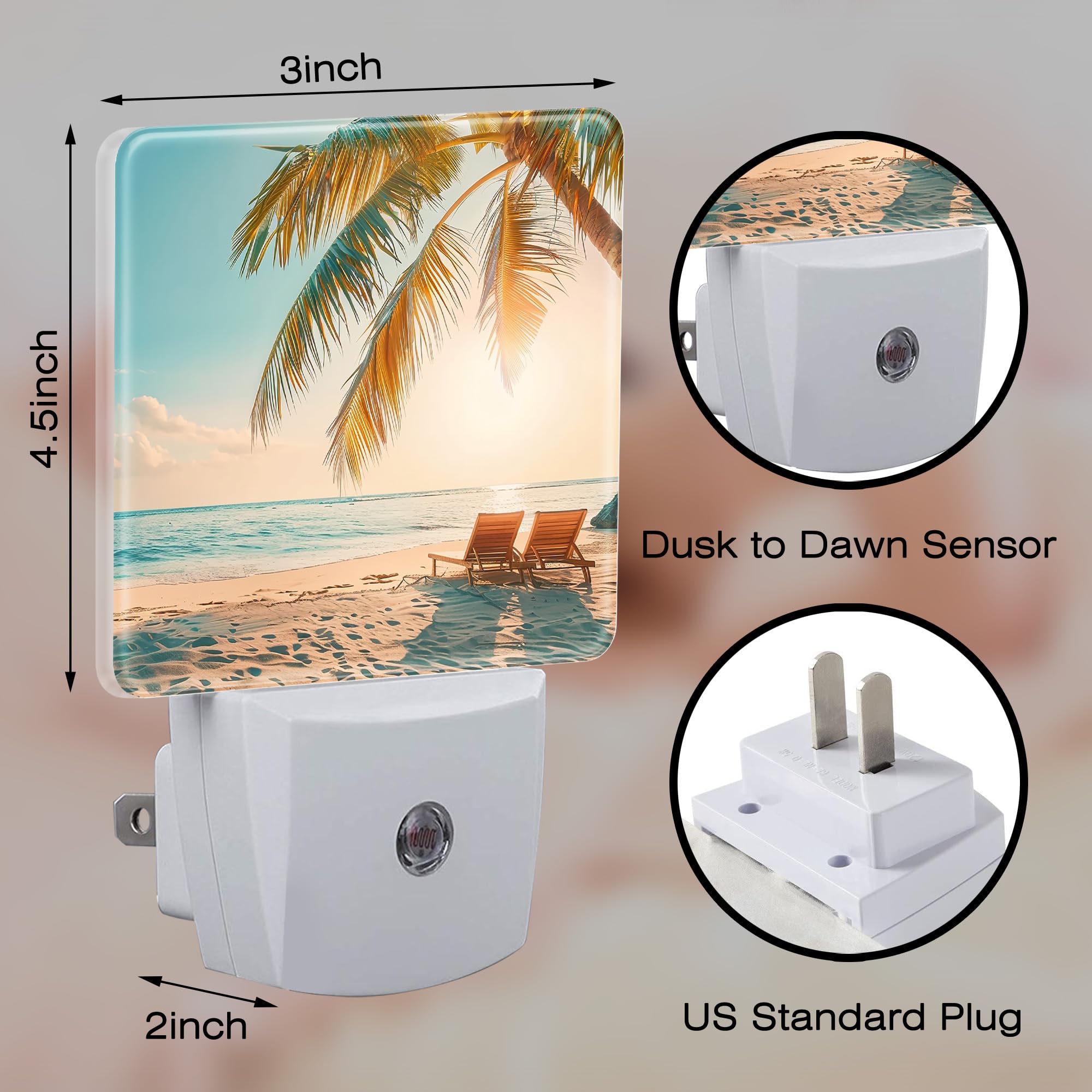 Beach And Sunset Night Light Plug Into Wall, Tropical Palm Tree And Ocean Dusk To Dawn Night Light Plug In,0.5W Energy Saving Sl