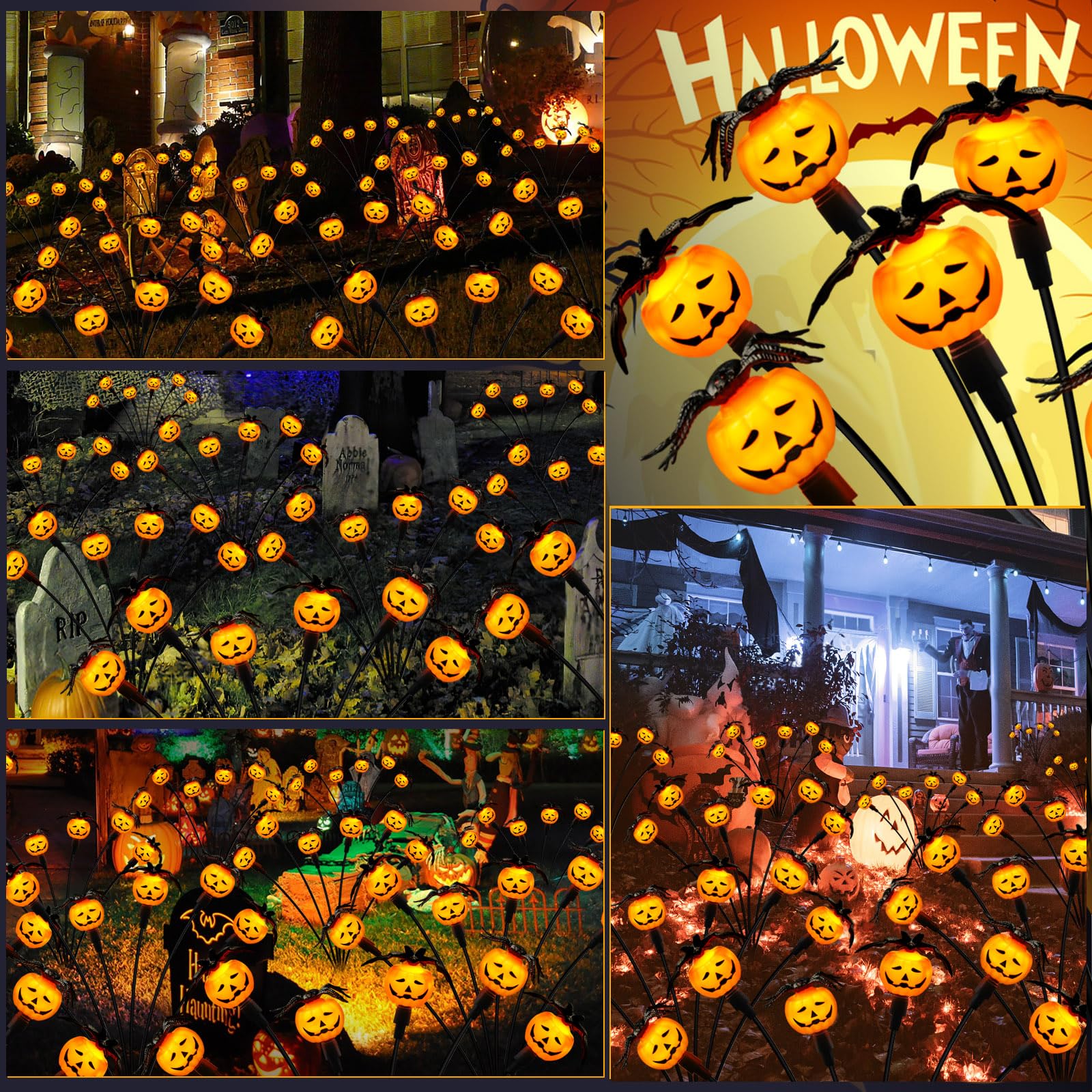 Weepong Halloween Decorations Outdoor - 4 Pack Solar Lights, 24 LED Pumpkin Lights with Spider & Bats, Orange, Model WEP-SPL-4PC