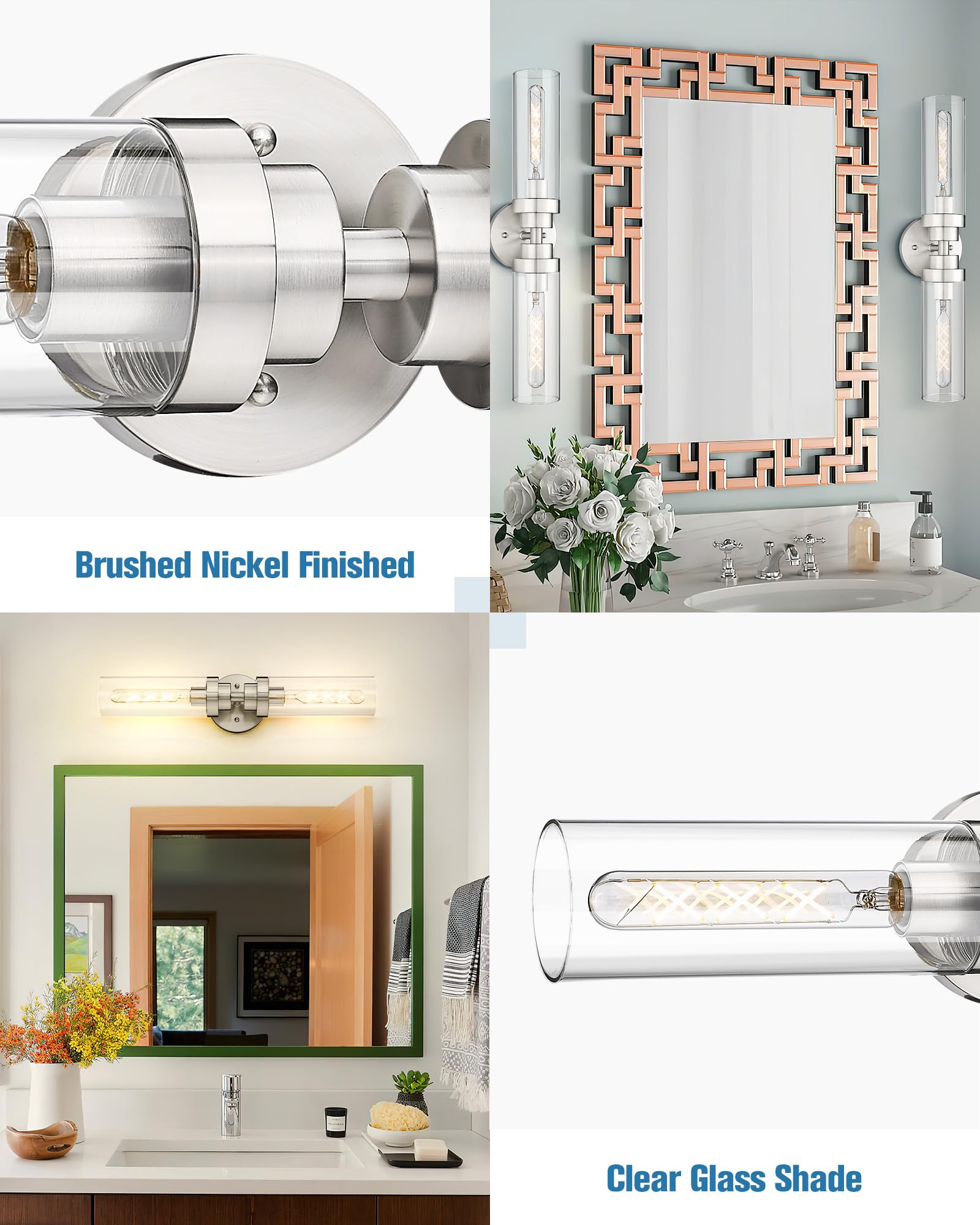 Emak 22 Inch Brushed Nickel Bathroom Vanity Light, 2-Light Cylinder Sconce with Clear Glass Shade, Model VL085-BN-2