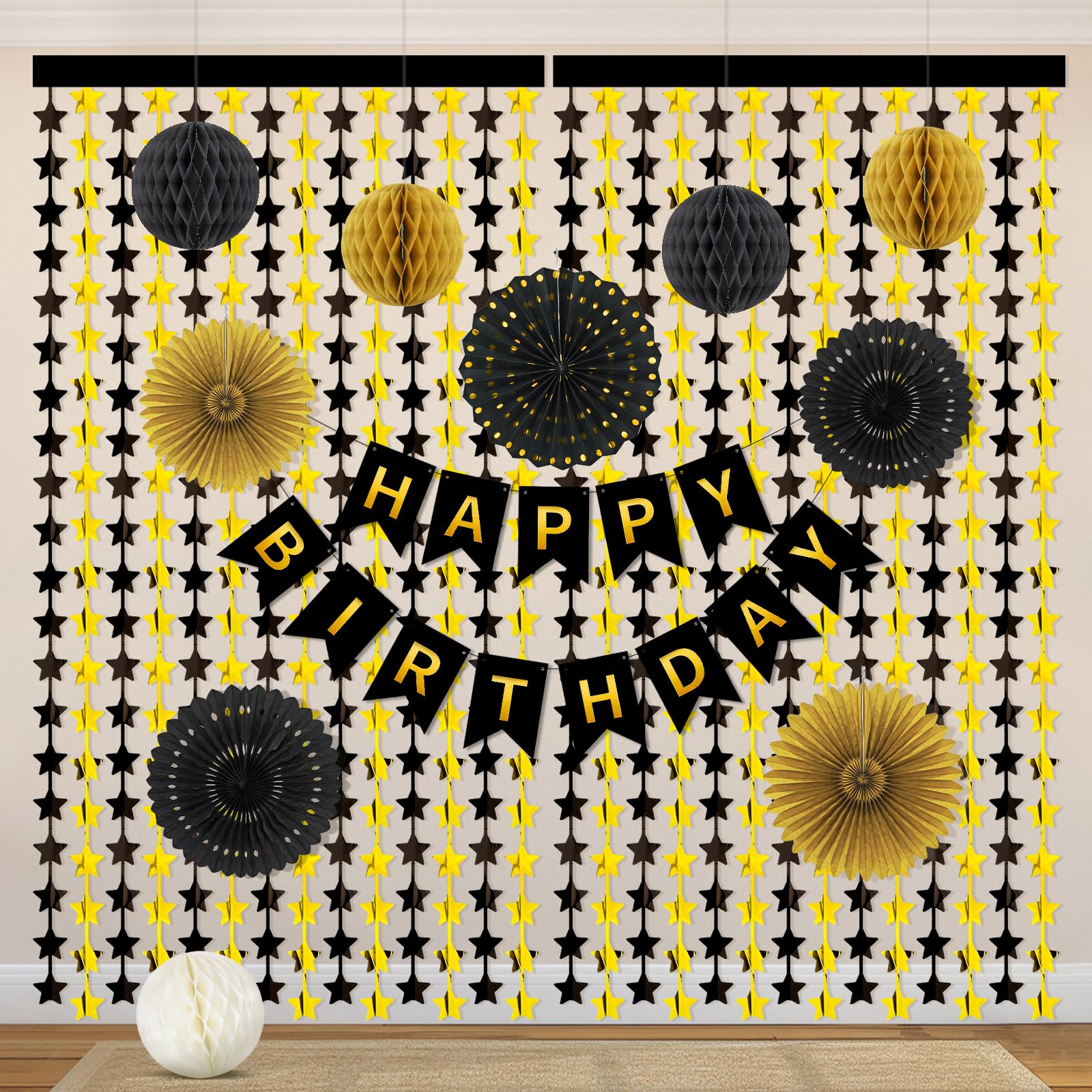 Black and Gold Party Decorations with Shimmering Star Foil Curtains  13Pcs Hanging Paper Fans Happy Birthday Banner & Honeycomb Balls for Men Women 30th 40th 50th 60th Birthday Party Supplies