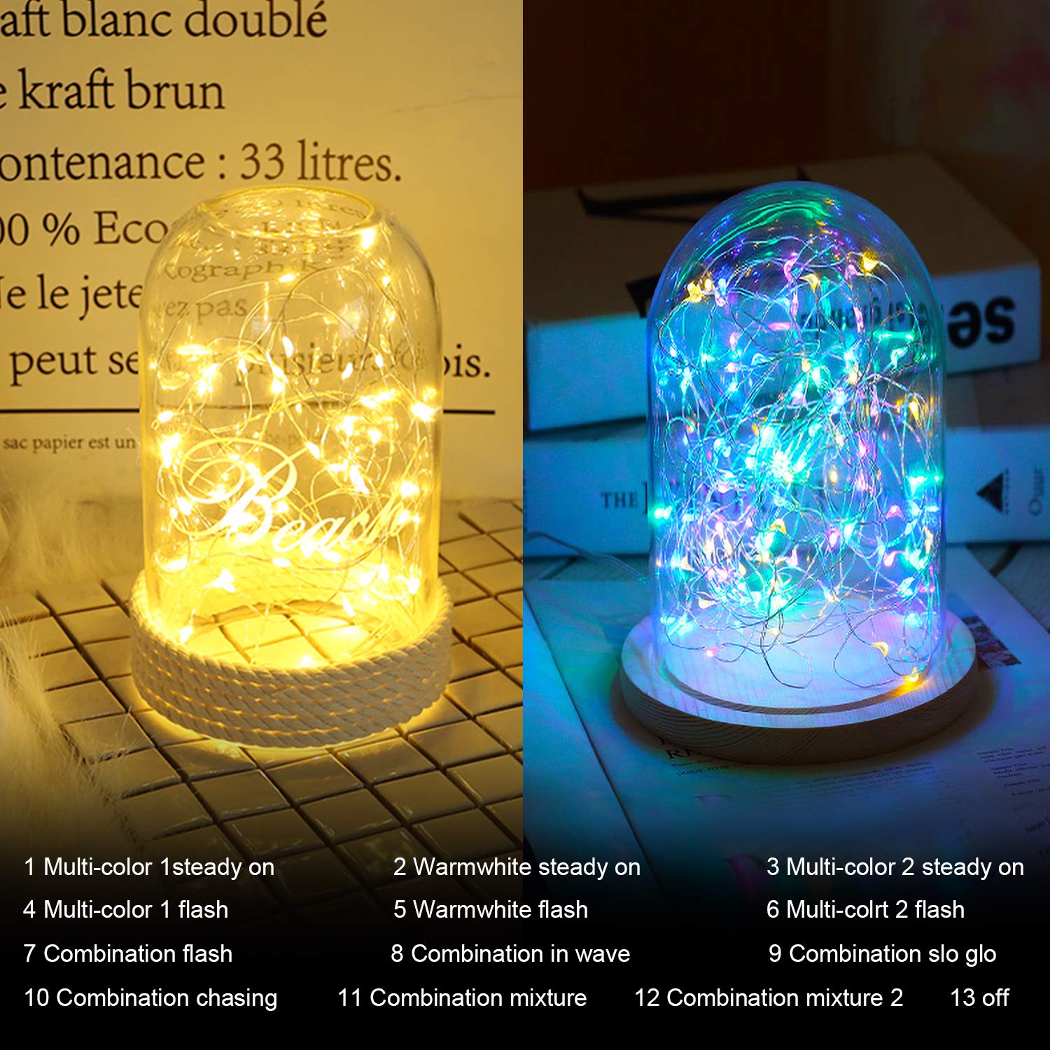 Ariceleo Battery Operated String Lights, 50 LEDs, 5M/16.4ft, Warm White & Multi-Color, Remote Control, Waterproof Plastic Shell, 2 Packs