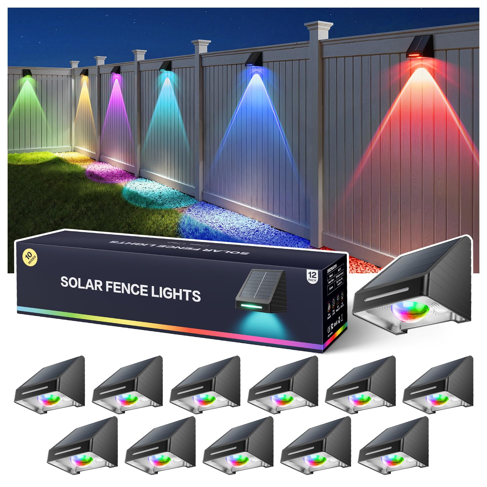 BUCASA Solar Fence Lights, Waterproof RGB Color Changing, 12 Pack, Black, Model TDL023, Dusk to Dawn Deck Lighting