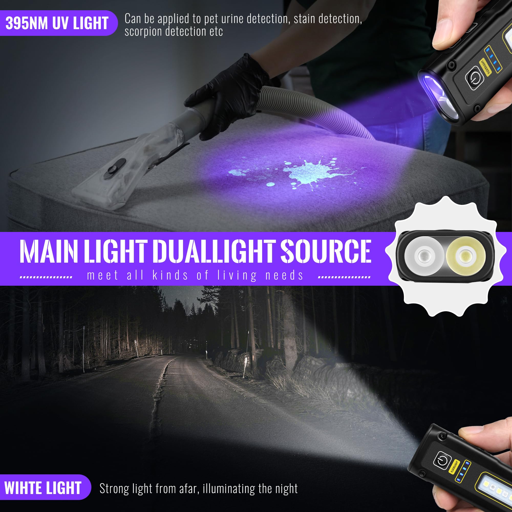 VMTENMV Mini UV Flashlight 395nm, USB-C Rechargeable, Blacklight with Magnetic Base, COB White & Red Light, Emergency Power