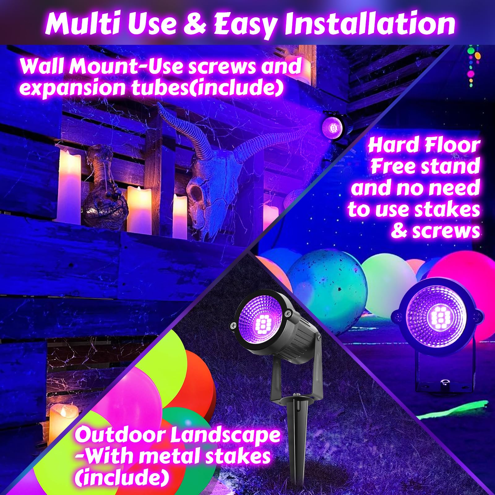 8 Pack Black Lights, Ip66 Flood Light 15W Led Blacklight Glow Party Outdoor Spotlight With On/Off Switch + Plug + Metal Stakes F