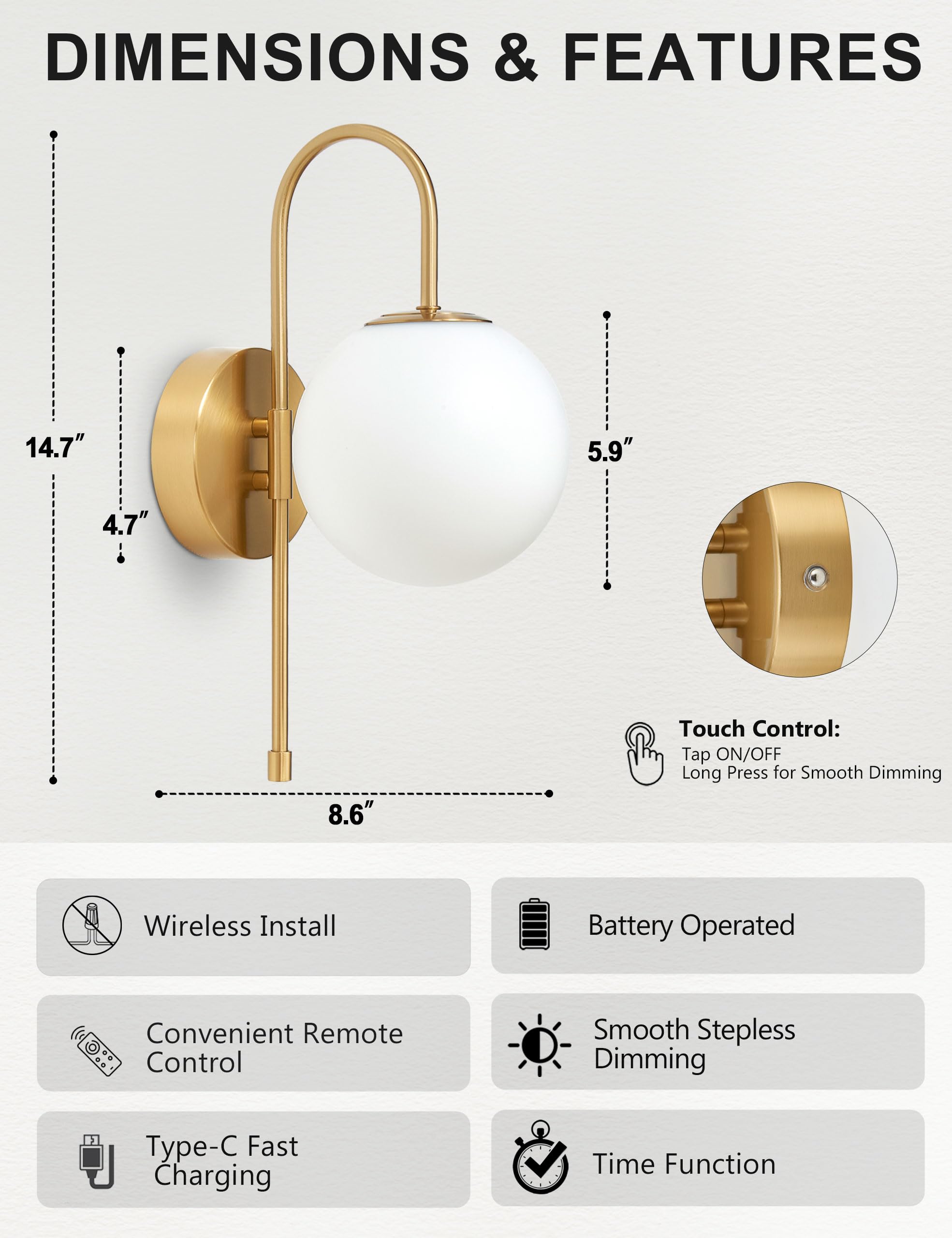 MSTETO Battery Operated Wall Sconces Set of 2, Wireless Gold Glass Lights with Remote, Rechargeable Dimming Gooseneck for Bedroom & Living Room