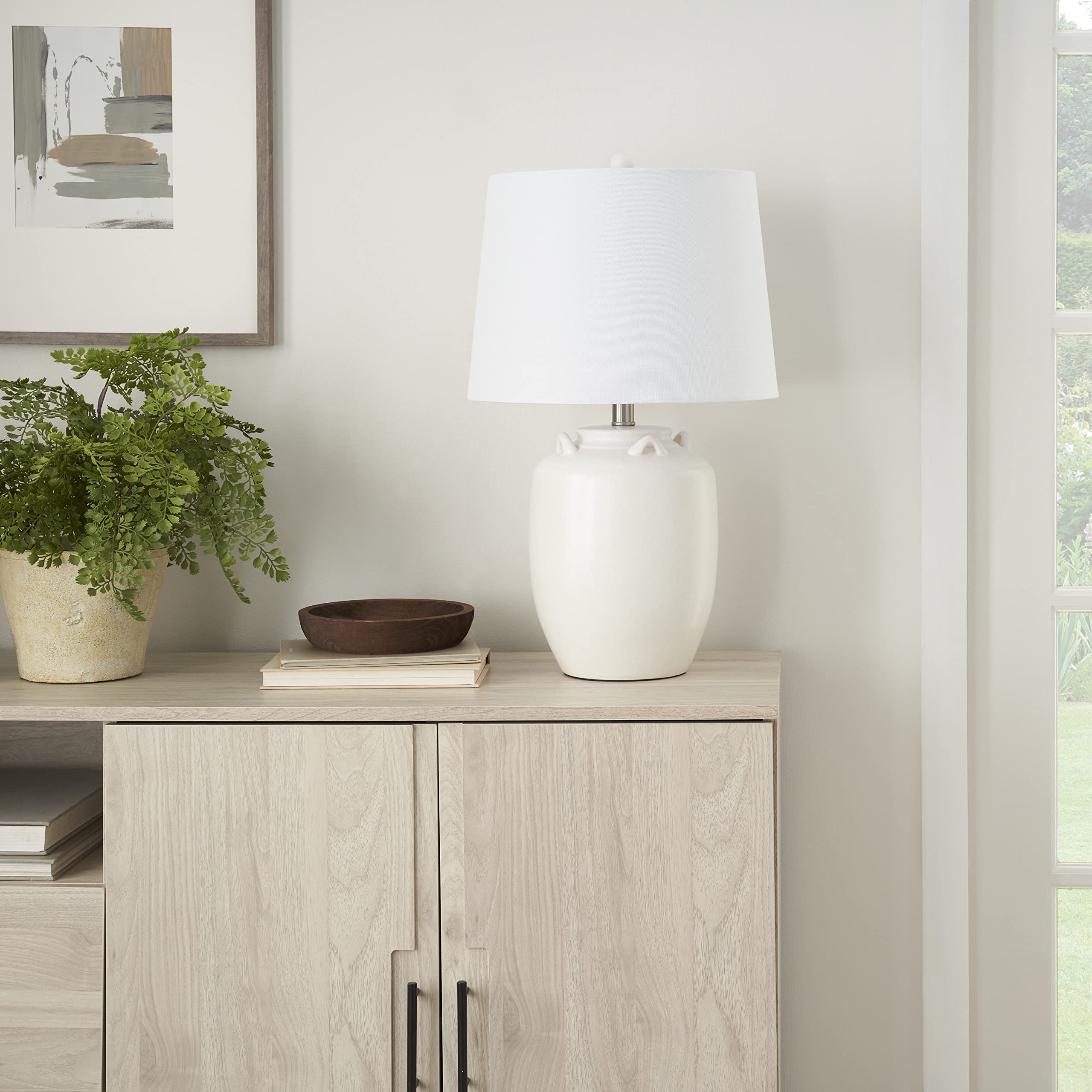 Nourison 24'' White Farmhouse Ceramic Pottery Jug Table Lamp For Bedside Table, Living Room, Office, Entryway