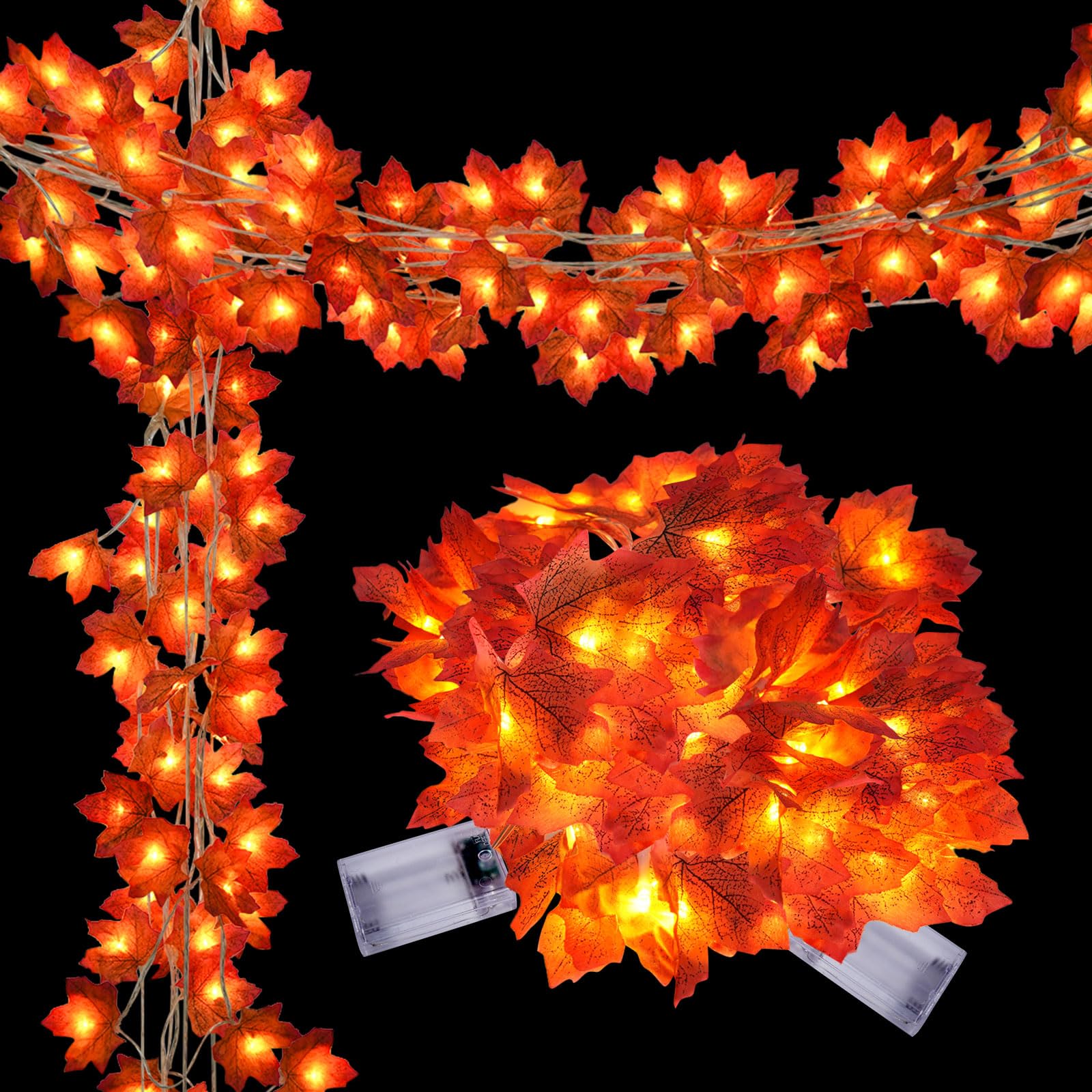 2 Pack Maple Leaf Lights, Thanksgiving Decorations For Home, Leaves Garland With Lights, Total 30Ft 60Led Fall Leaf Decor String Lights, Thanksgiving Christmas Halloween Decorations Indoor Outdoor