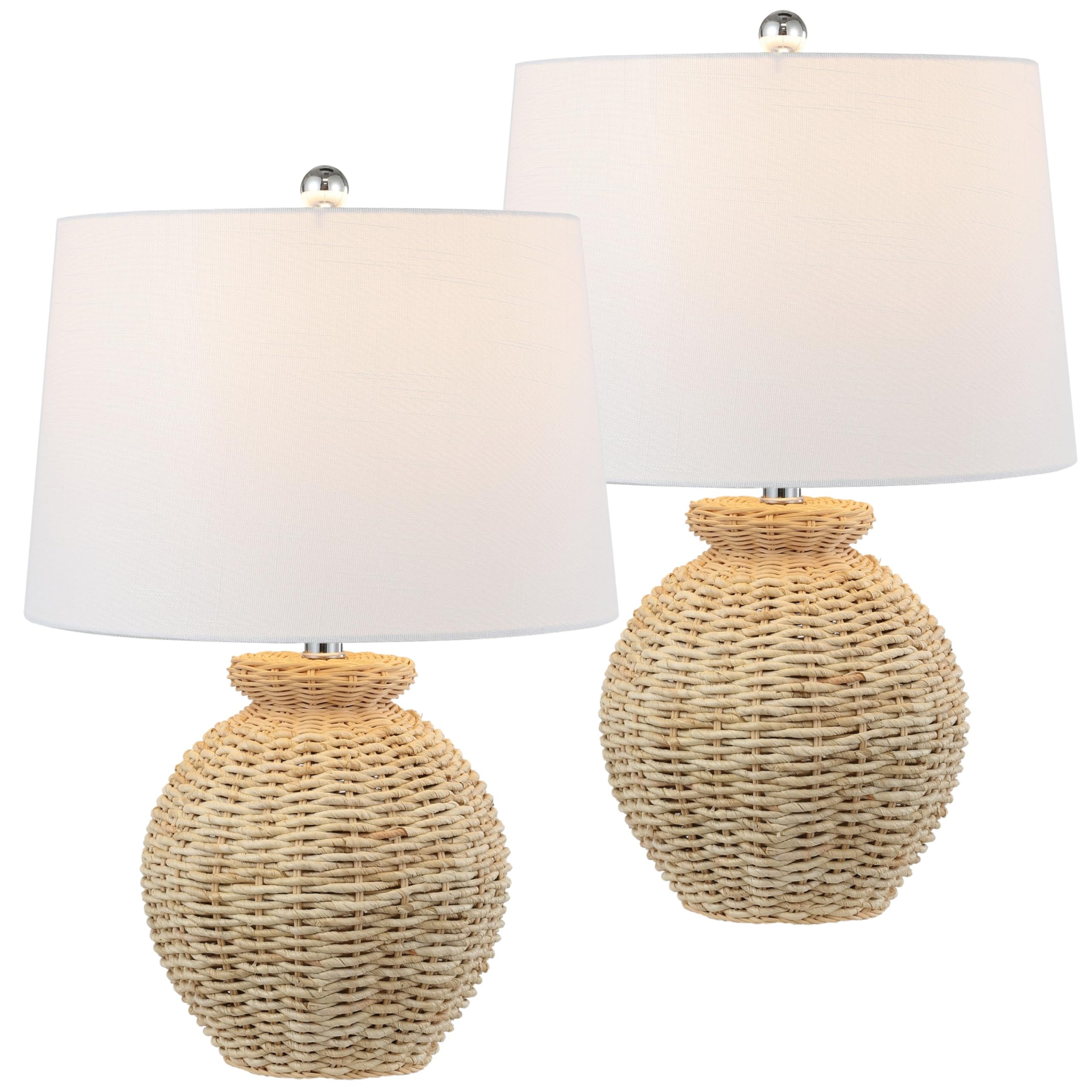 JONATHAN Y 22 Brown Rattan Rustic Coastal Table Lamp Set of 2, Woven Wicker Globe Base with White Linen Shade for Living Room Be