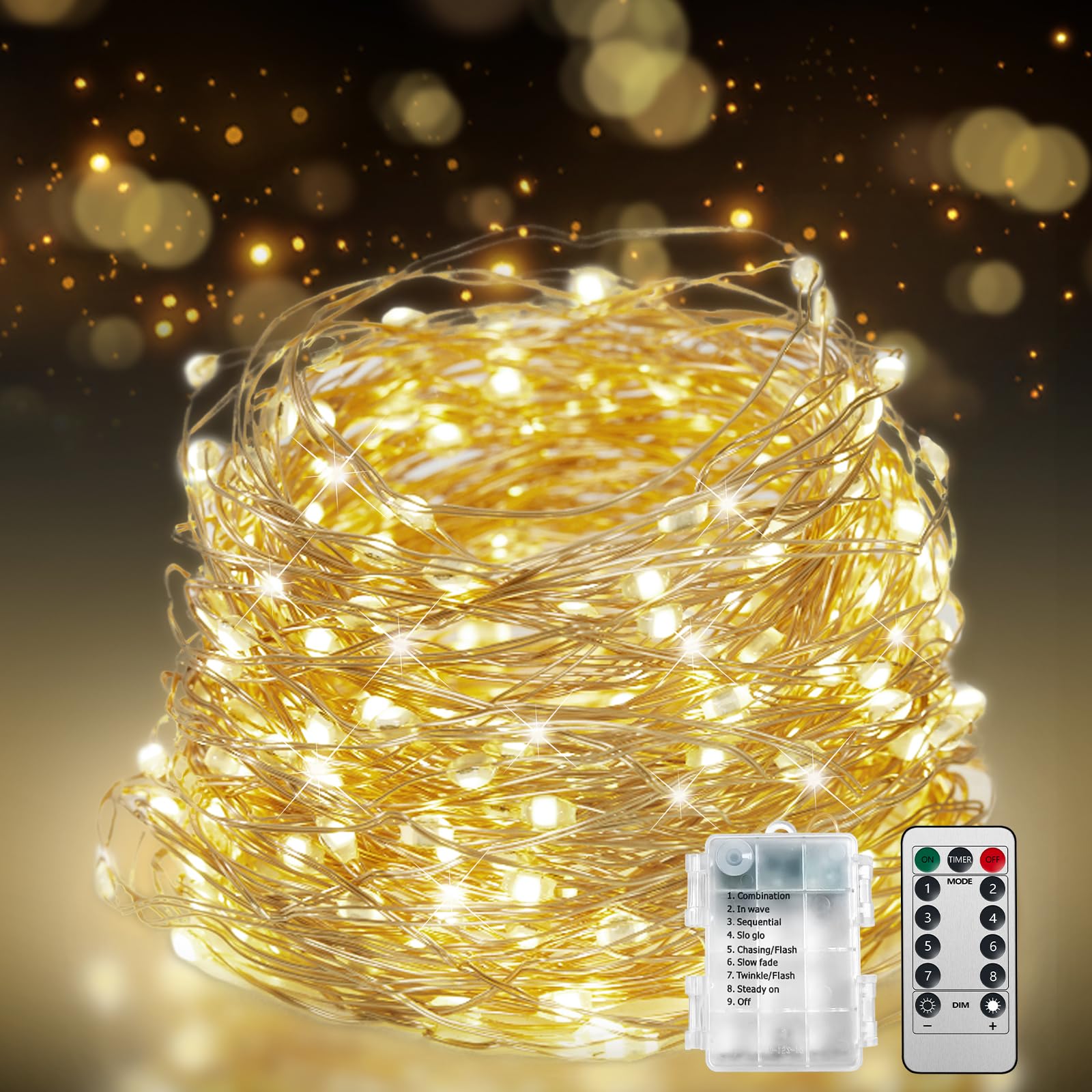 Flechllary 200 LED Fairy Lights, Battery Operated, Waterproof, 67Ft, Warm White, 8 Modes, Model LZZK-IR21-13-01