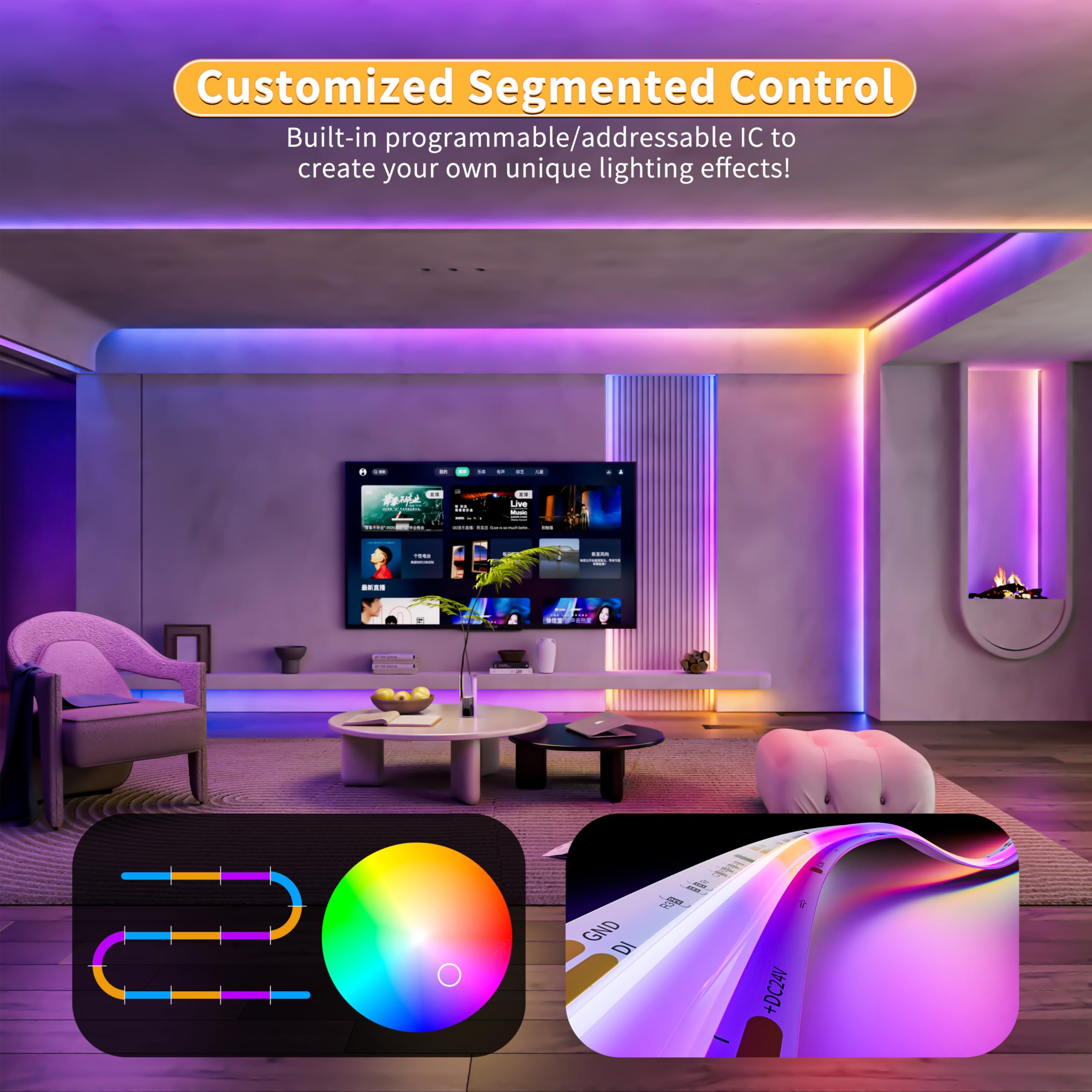 PAUTIX RGB Smart IC COB LED Strip Light, 24ft Multicolor, DC24V, Flexible Tape for TV & Bedroom, Model SRGB630F012W24-COB-7