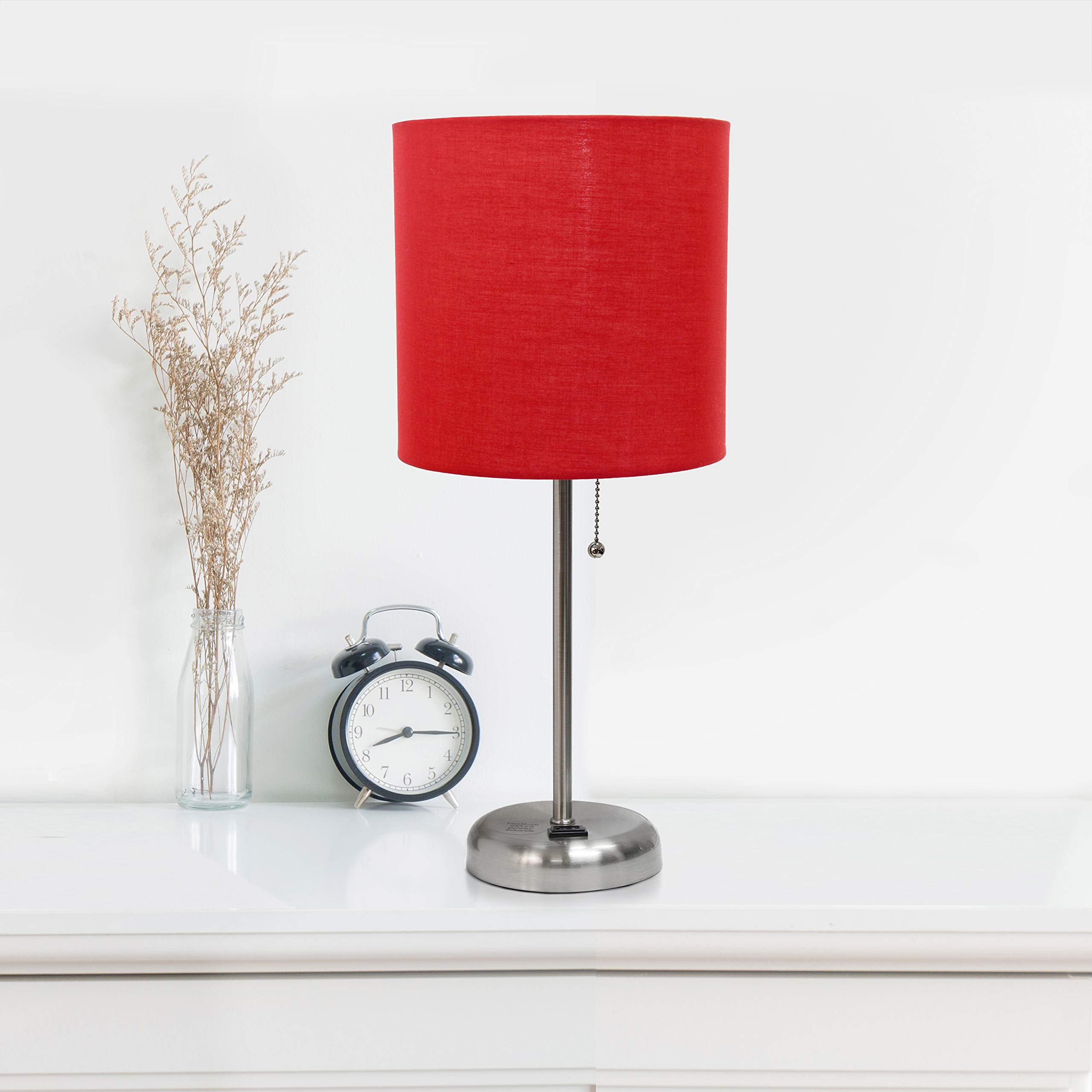 Simple Designs Lc2001-Red-2Pk Brushed Steel Stick Table Lamp Set With Charging Outlet And Red Fabric Shades, 2 Pack Set