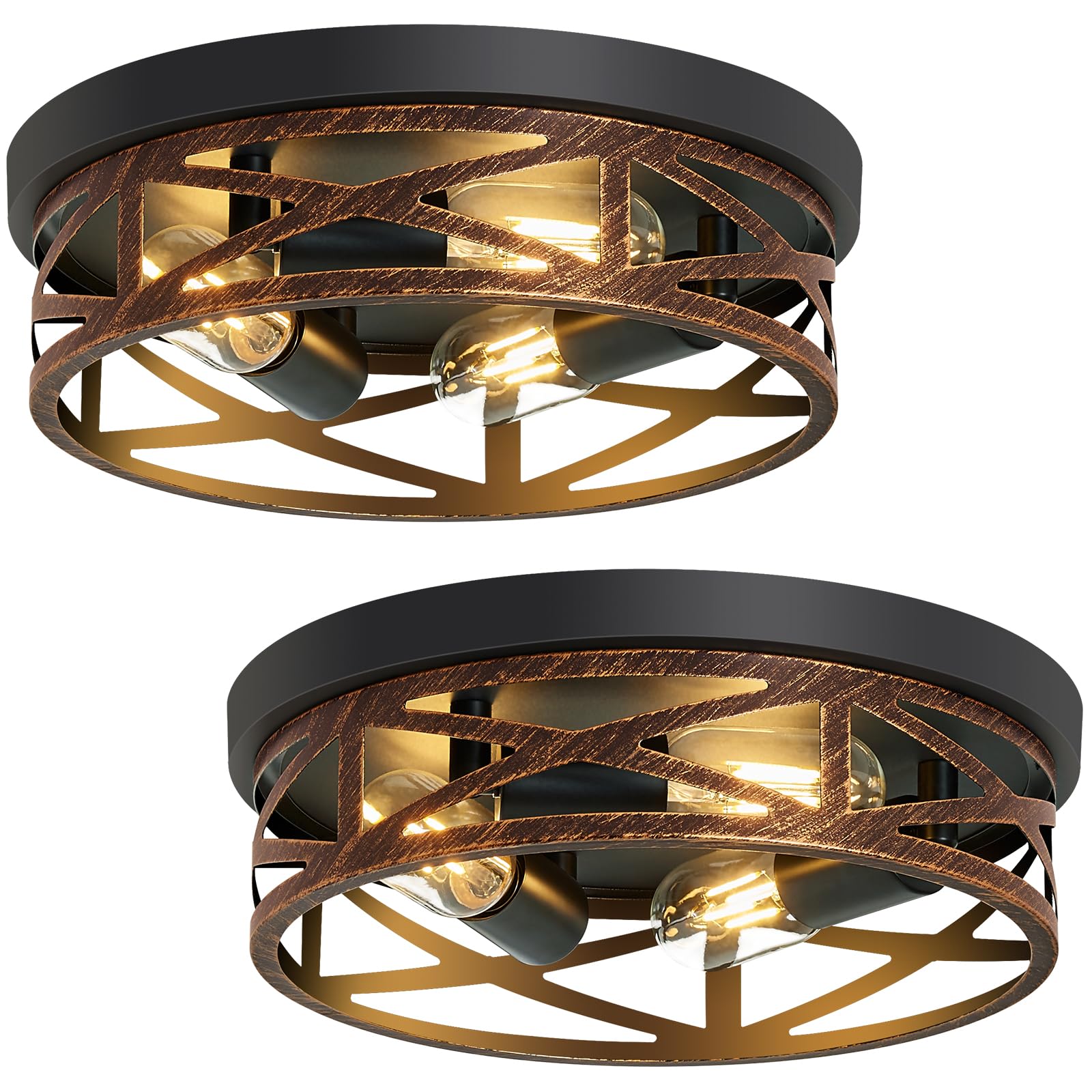 SKEJAO Flush Mount Ceiling Light Fixture, Vintage Metal Black, 13 inch, Model SK004G, 2 Pack
